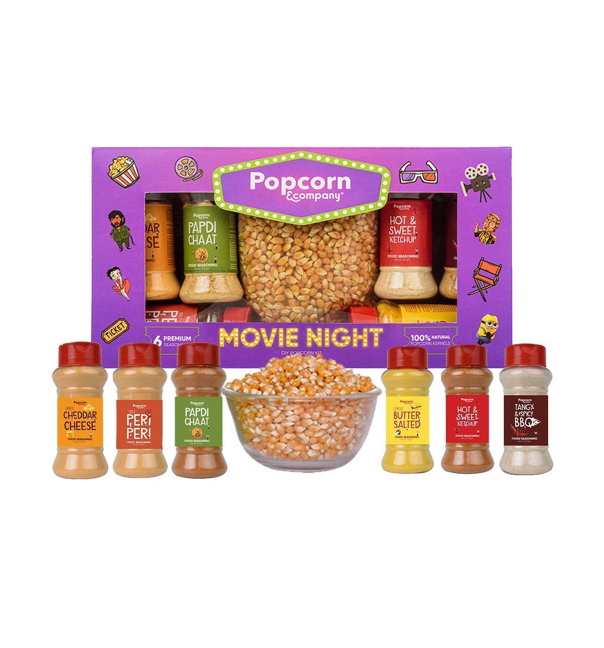 Popcorn & Company Movie Night Popcorn Kernels Seeds with Popcorn Seasoning Instant Popcorn Seeds with 6 Seasoning( Peri Peri, Butter Salt, Butterfly Corn, Papdi Chaat, Hot Sweet & Cheddar Cheese Seasoning) 850 g
