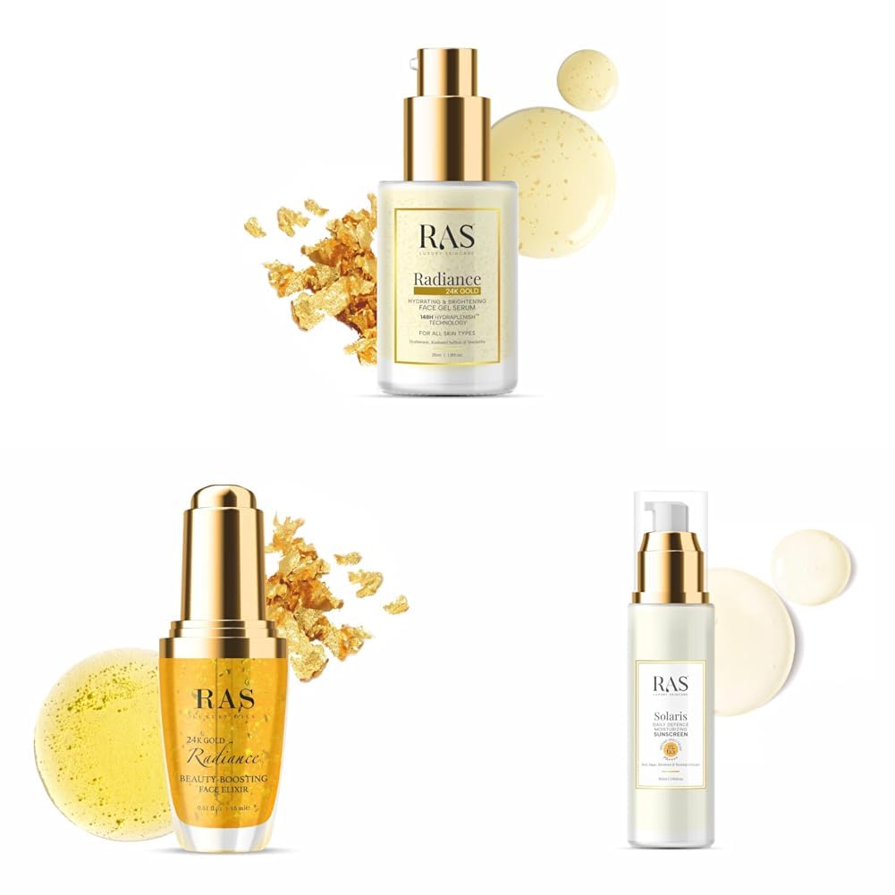 RAS Luxury Oils Radiance 24K Gold Brightening 8 in 1 Face Gel Serum Hydrates Skin & RAS Luxury Oils, 24K Gold Radiance Beauty Boosting Face Elixir Serum; Enriched With Vitamin C; Brightens Skin, Reduces Wrinkles, Improves Uneven Skin Tone, 15 ml & RAS Luxury Oils Solaris Daily Defence Sunscreen, SPF 50 PA+++; Protects from UV damage; 50ml