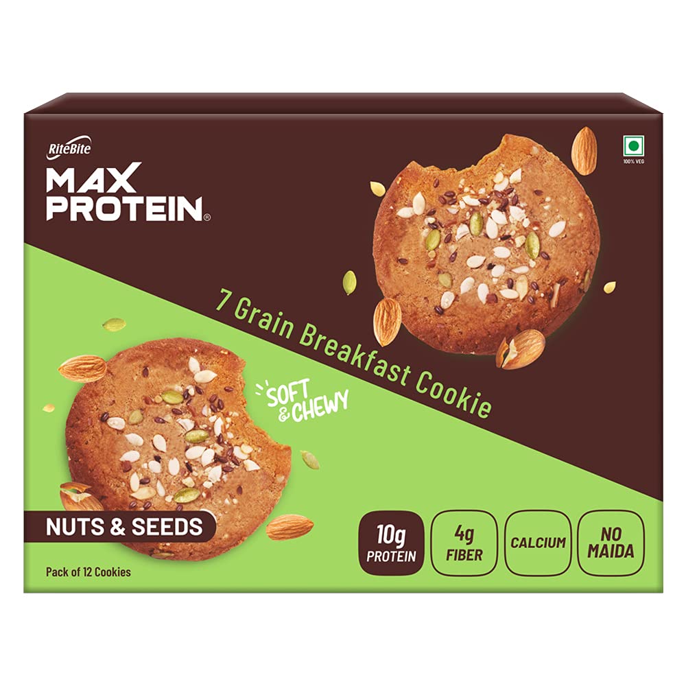 RiteBite Max Protein 7 Grain Breakfast Cookies – Nuts & Seeds 660 g – Pack of 12 ( 55g x 12 ) Protein | Fiber | Calcium | No Maida | GMO Free | No Preservatives | Oats | Ragi | Quinoa | On the go Snack | Soft & Chewy