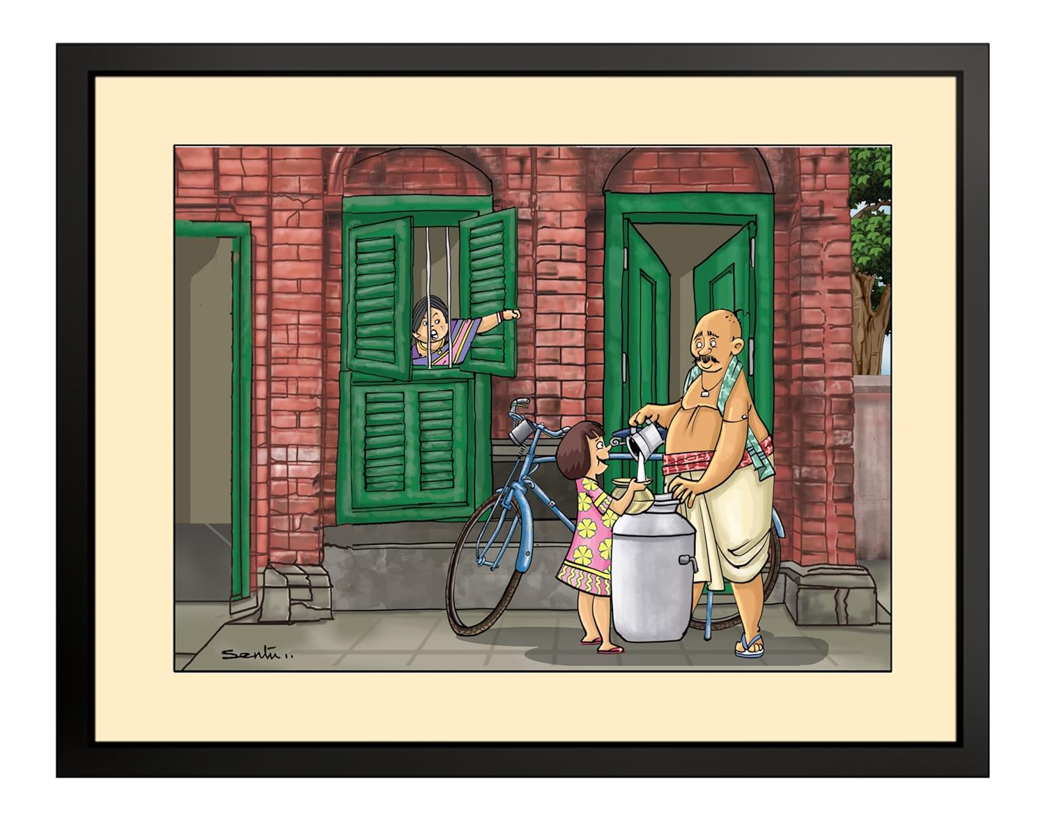 Sentoor Kartoon Kolkata Souvenir Aesthetic Milk seller Hand Painted Wooden Photo Frame Gift Size 13.5 X 10.5 inches