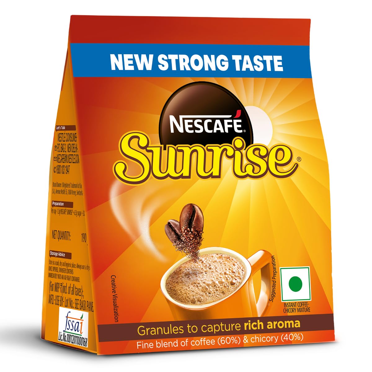 Sunrise Nescafe Instant Coffee Powder, New Strong Taste, Coffee-Chicory Mix, 190 Gram/200G, Stabilo ( Weight May Vary Upwards ), Bag