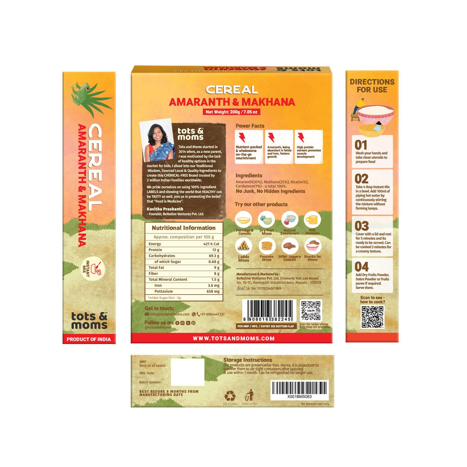 TOTS AND MOMS Protein & Calcium Rich – Amaranth & Makhana Instant Cereal 200g | No Sugar No Milk – Preservative Free Travel Friendly Healthy Porridge Mix for Kids