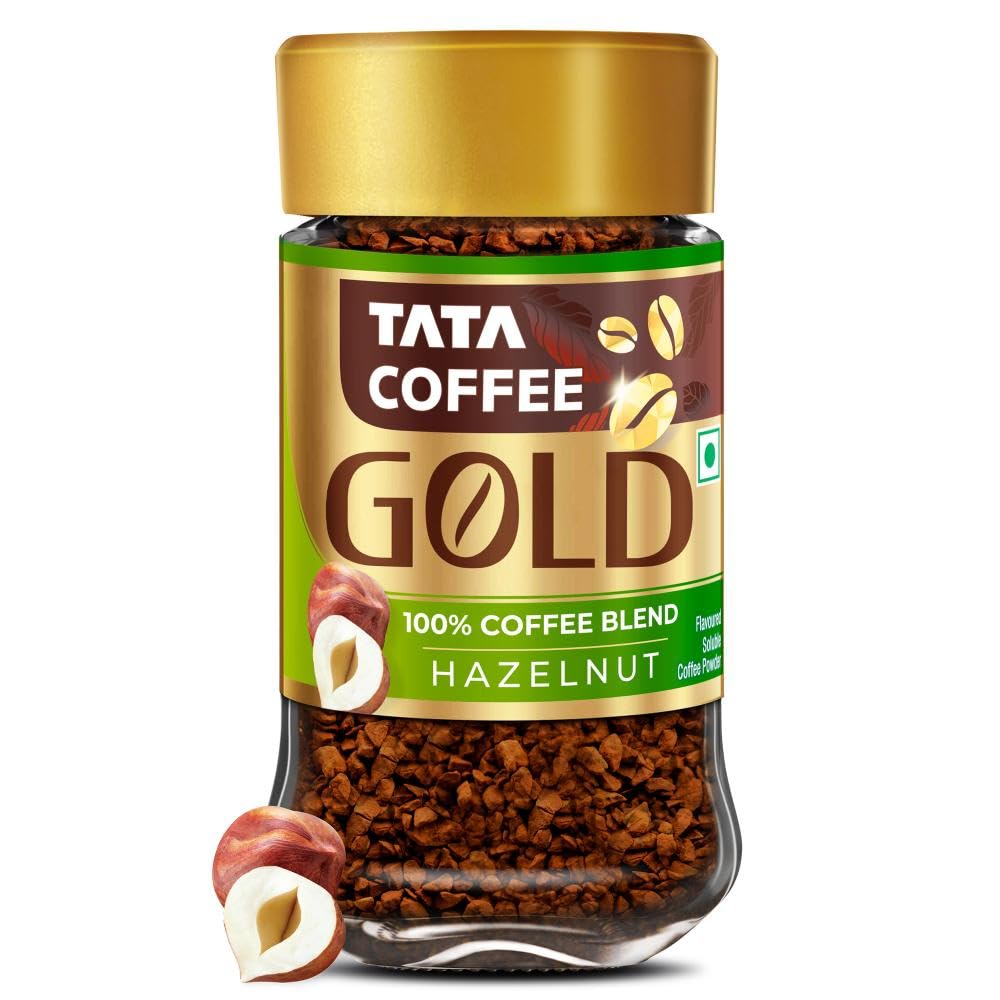 Tata Coffee Gold, Hazelnut Flavoured Coffee, 50g Jar, Instant Coffee Powder, Freeze Dried Coffee Beans, Full Bodied Taste & Rich Aroma