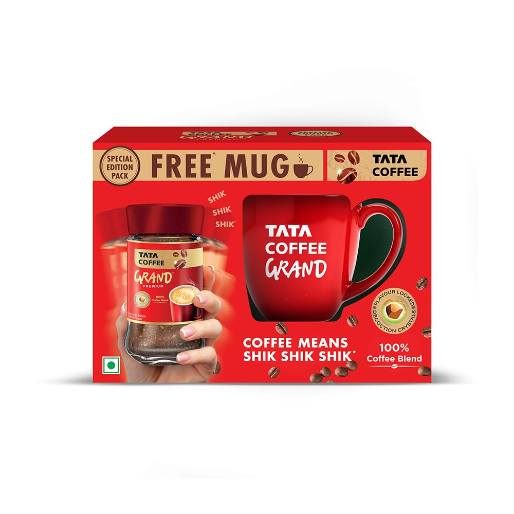 Tata Coffee Grand Premium Instant Coffee, Special Edition Pack, 45 Grams, Flavoured Soluble Coffee Powder, Instant Coffee, 100% Coffee Blend, With Flavour Locked Decoction Crystals, Jar with Free Mug