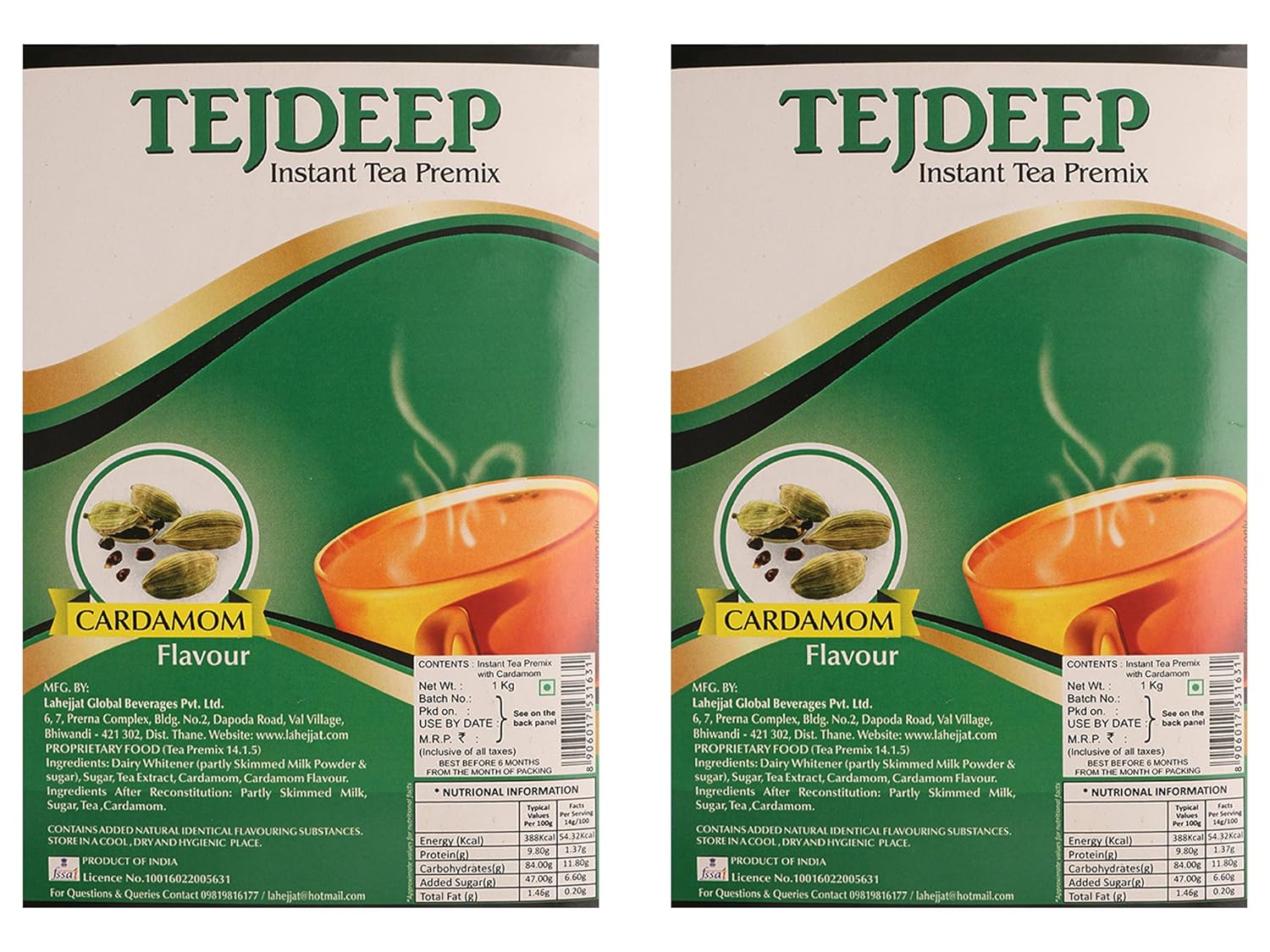 Tejdeep Cardamom Elaichi Flavour Instant Tea Premix 1kg x 2 |Tea premix for vending machine|Ready to drink tea