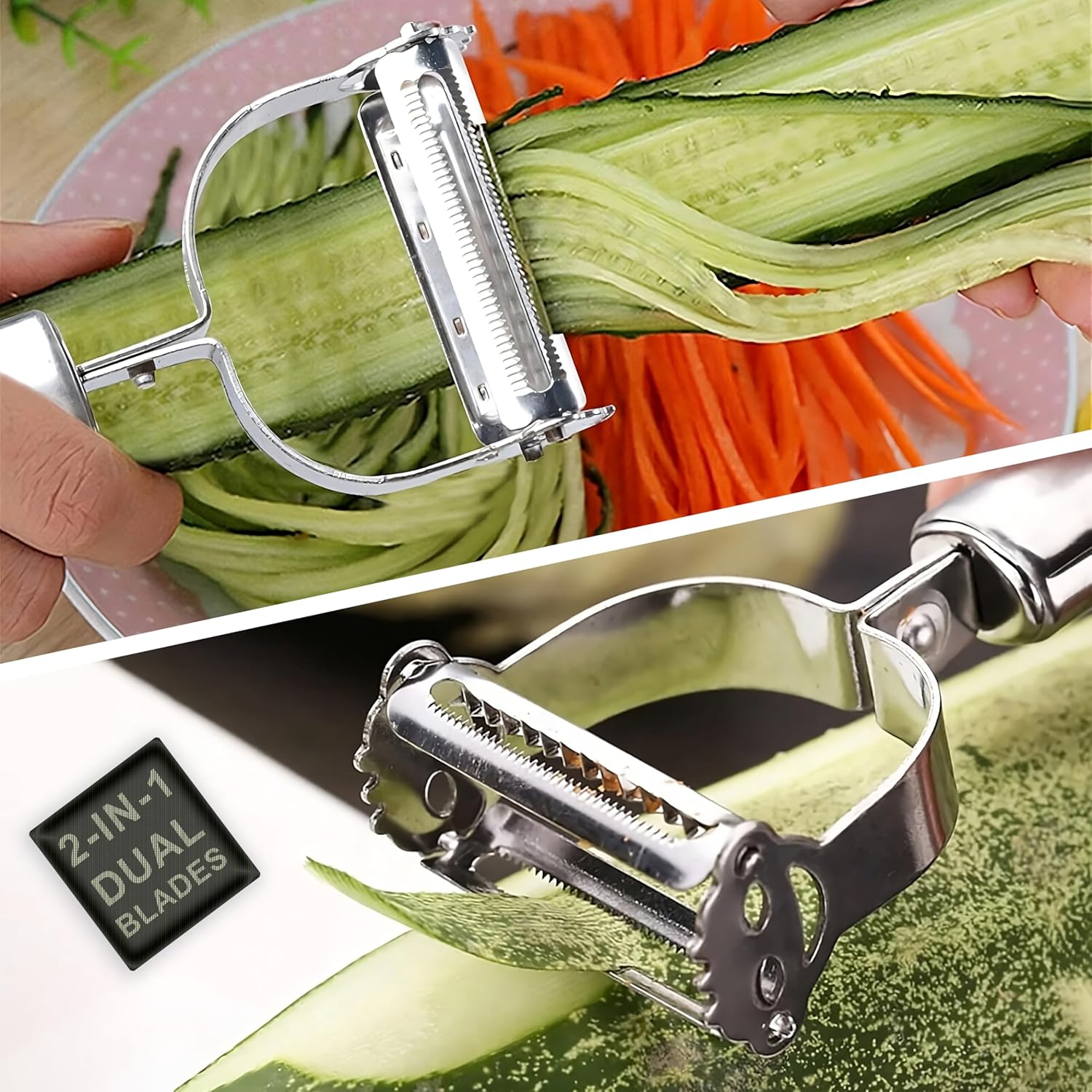 Top Chef 2-in-1 Kitchen Vegetable and Fruit Peeler – Stainless Steel with Julienne & Serrated Blades, Double-Edged Swivel Design for Bidirectional Peeling