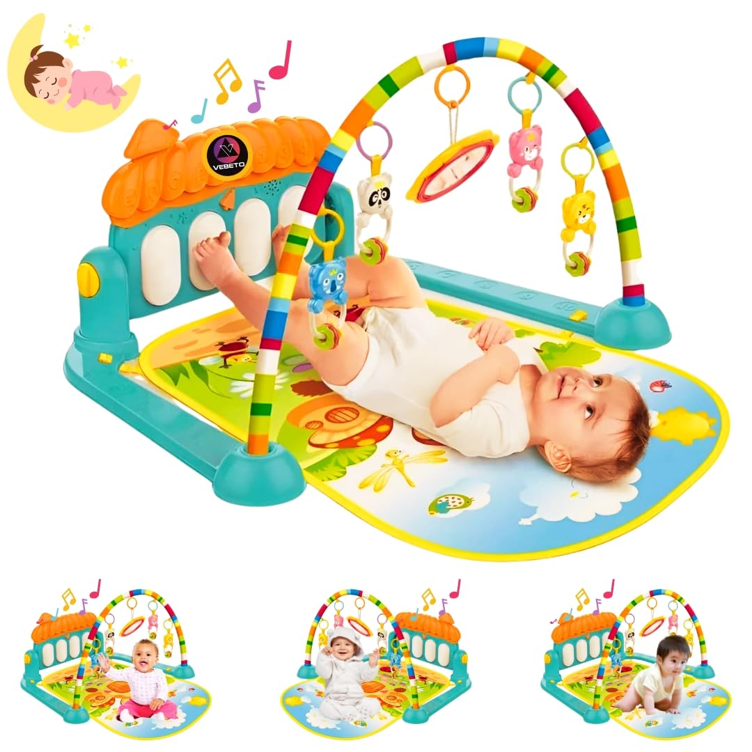 VEBETO Play Gym for Babies 0 to 12 Months (1 Year Warranty) Musical Piano Keyboard Activity Play Mat for Kids Newborn 3 to 6 Month Fitness Rack Hanging Rattles Lights Tunes Music for Baby Boys Girls