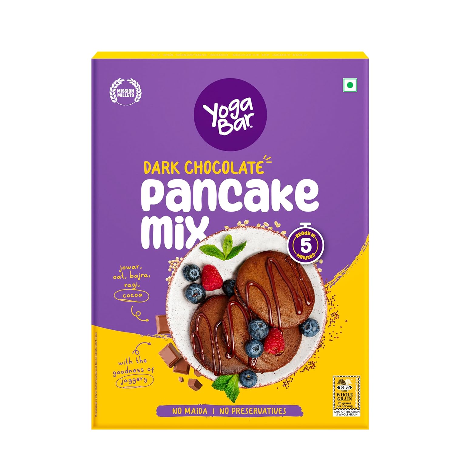 Yogabar Pancake Mix, Chocolate Pan Cake Mix Powder, 0 Maida, 0 Preservatives, Goodness Of Jowar, Oats, Healthy Breakfast For Children, Easy To Make Sunday Breakfast,150 Gm, Pack Of 1