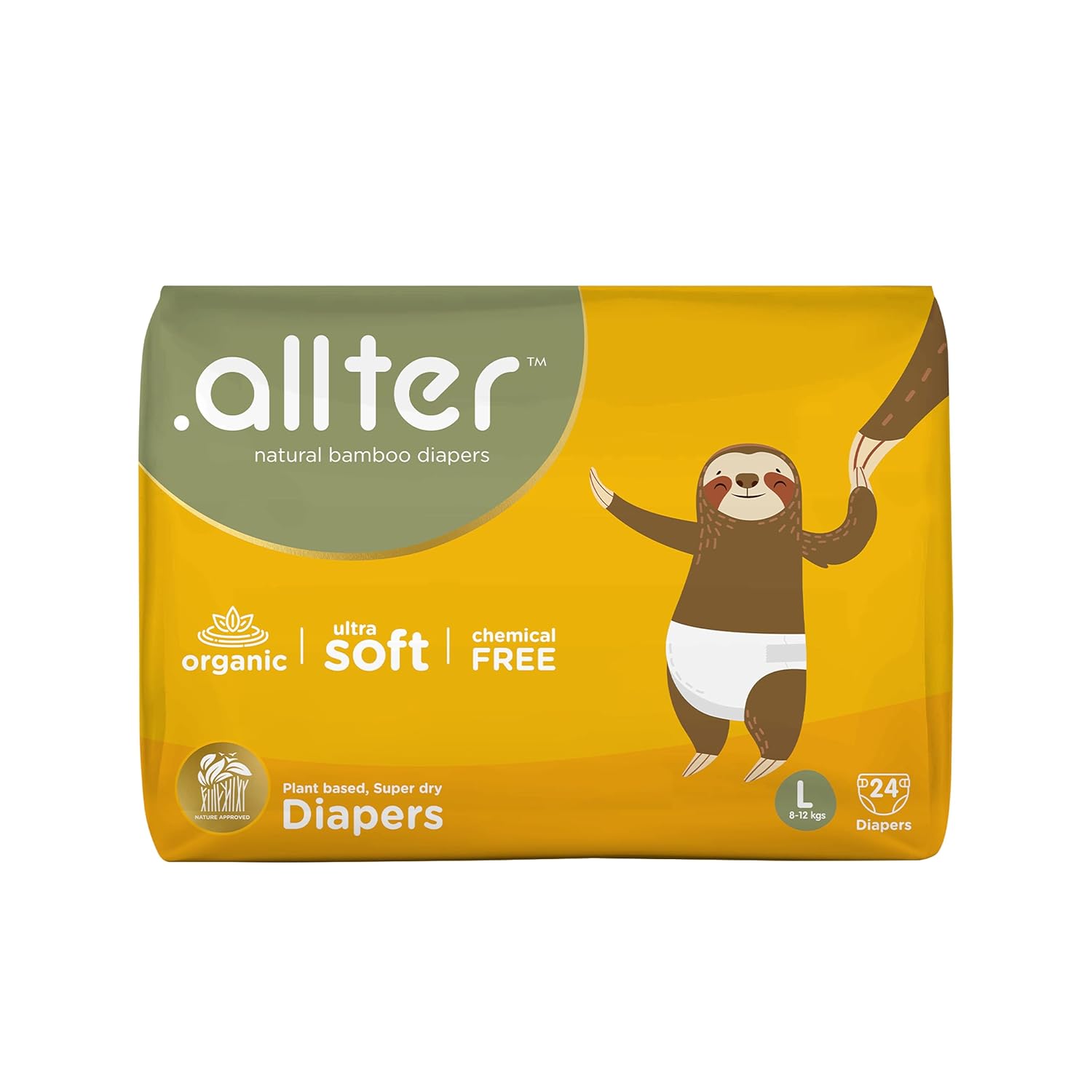 .allter Organic Bamboo Diapers for babies, 7-12 kg, Large (L) Size | Dermatest Certified | Super Dry, Quick Absorb, Taped Style, Ultra Soft Diapers | 24 Count (Pack of 1)