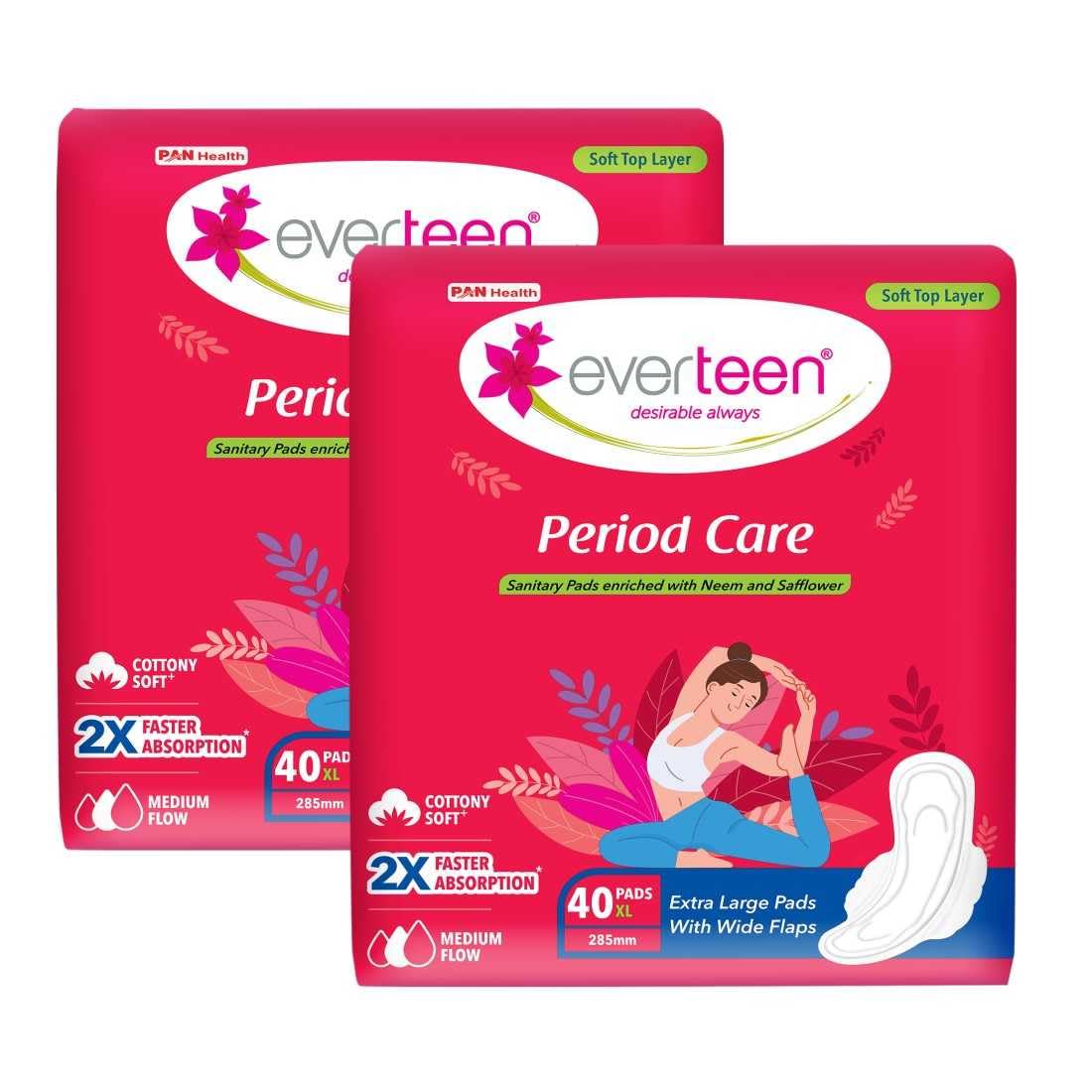 everteen Period Care XL Soft 40 Sanitary Pads Enriched with Neem and Safflower For Medium Flow – 2 Packs (40 Pads Each)