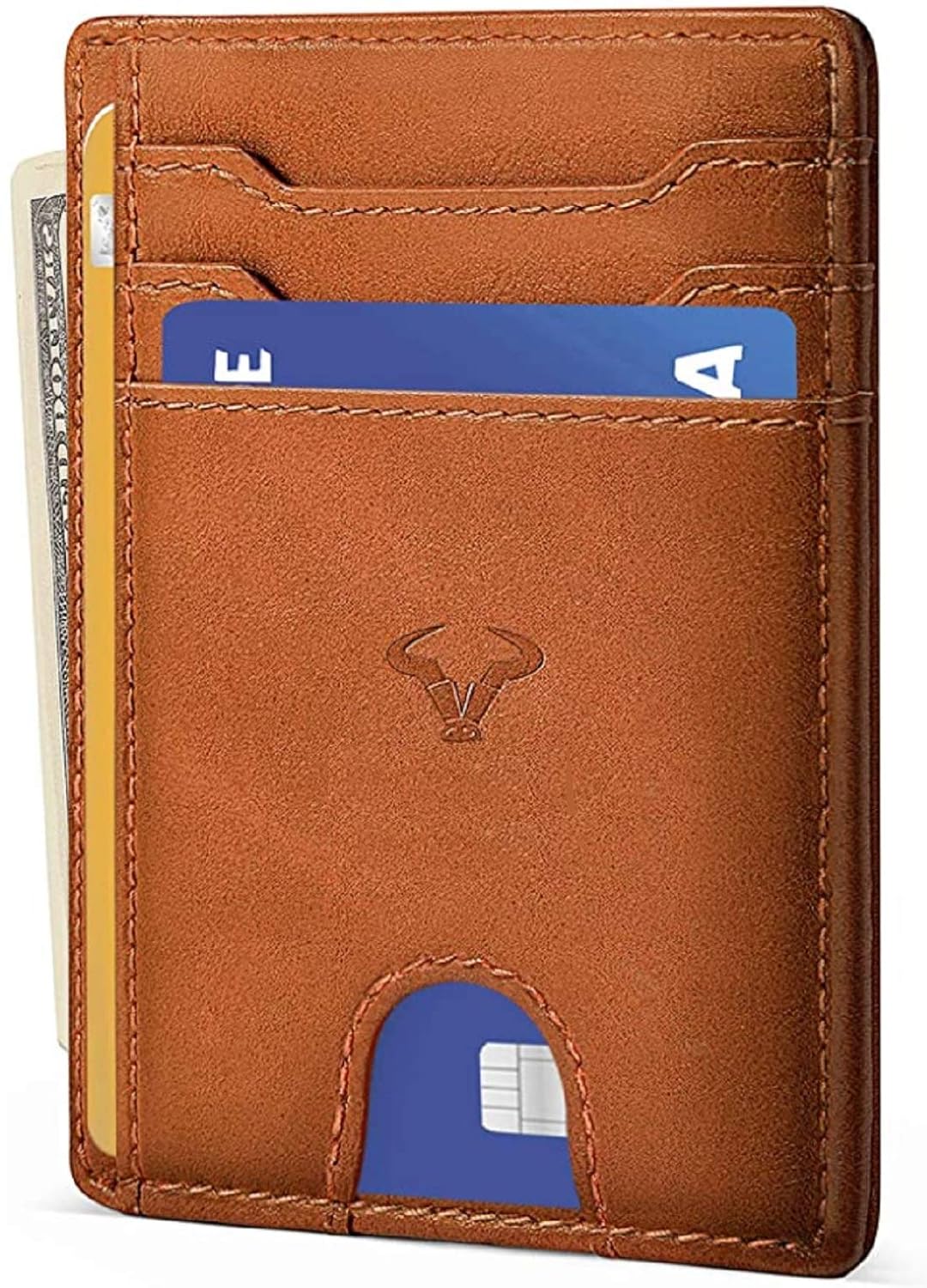 Contacts Genuine Leather Slim Wallet | RFID Blocking Skinny Minimal Thin Front Pocket Wallet Sleeve Card Holder for Men | 7 Card Slots, 1 ID Window (Tan)