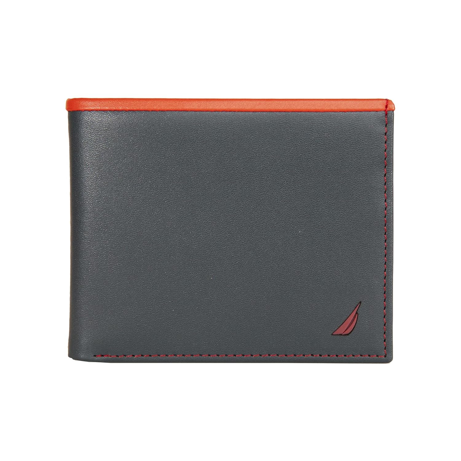 Nautica Men’s Classic Leather Bifold RFID Wallet (Available in Smooth or Pebble Grain), Pop Color – Navy/Red, OSFA