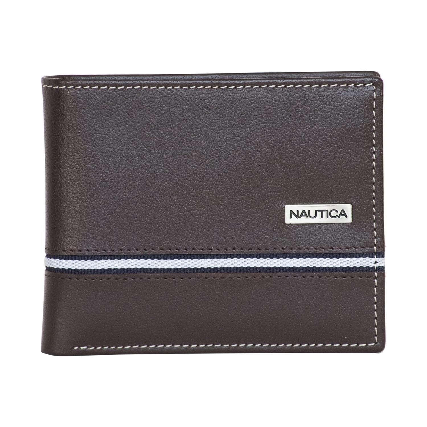 Nautica Men’s Logo Plate Brown Bifold Wallet, One Size