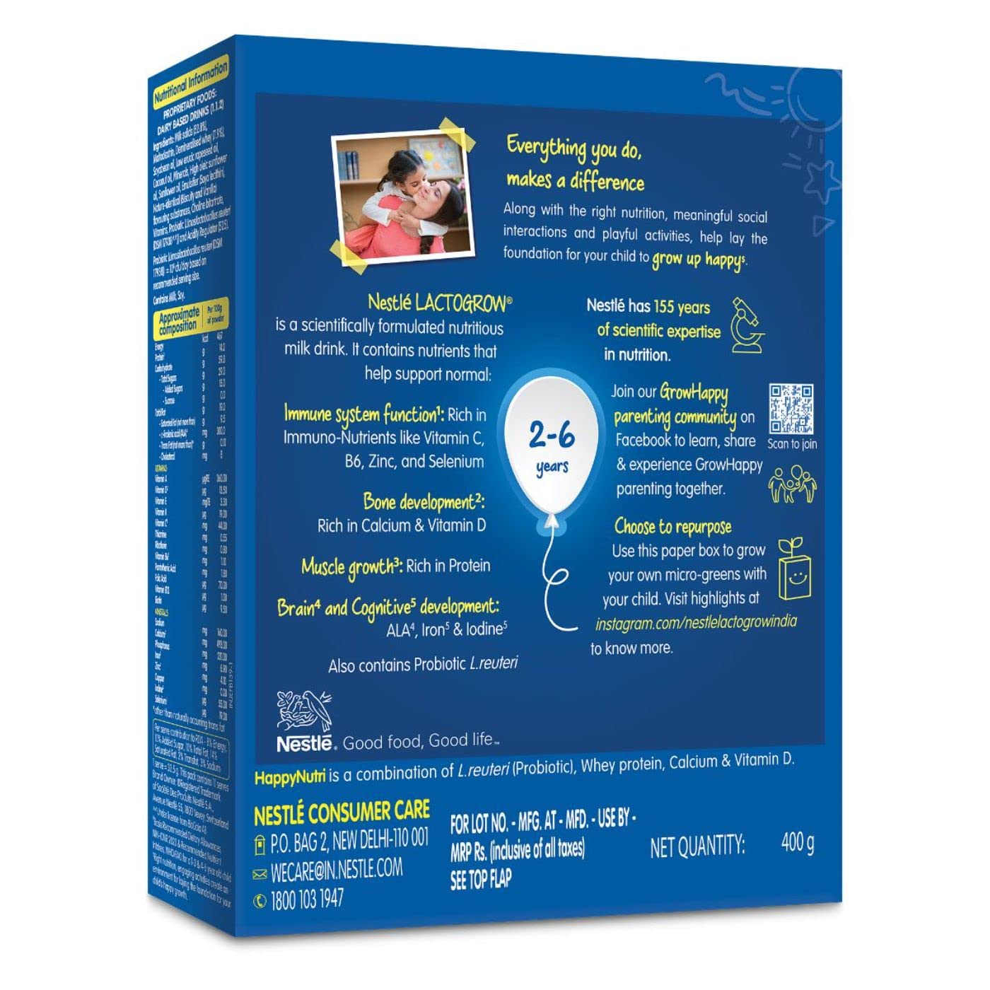 Nestle LACTOGROW Nutritious Milk Drink Powder | Biscuity Vanilla Flavour (2-6 Years), (Pack Of 2), 800g, Bag-In-Box Pack