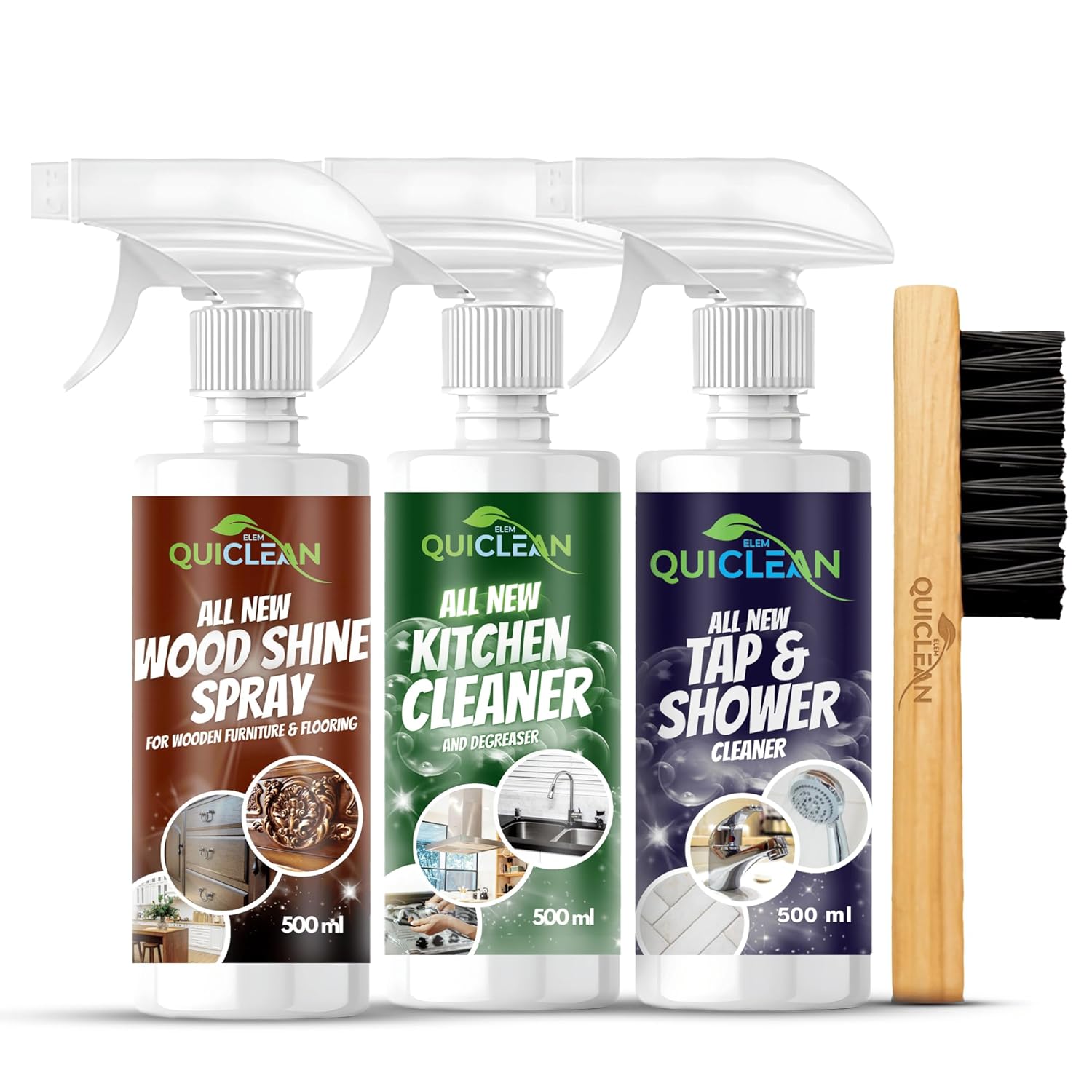 Quiclean Kitchen Cleaner Spray, Wood Shine Spray & Tap & Shower Cleaner Spray (500ML X 3) Combo | Kitchen Cleaner & Degreaser | Tap Cleaner For Bathroom |Wood Polish For Furniture