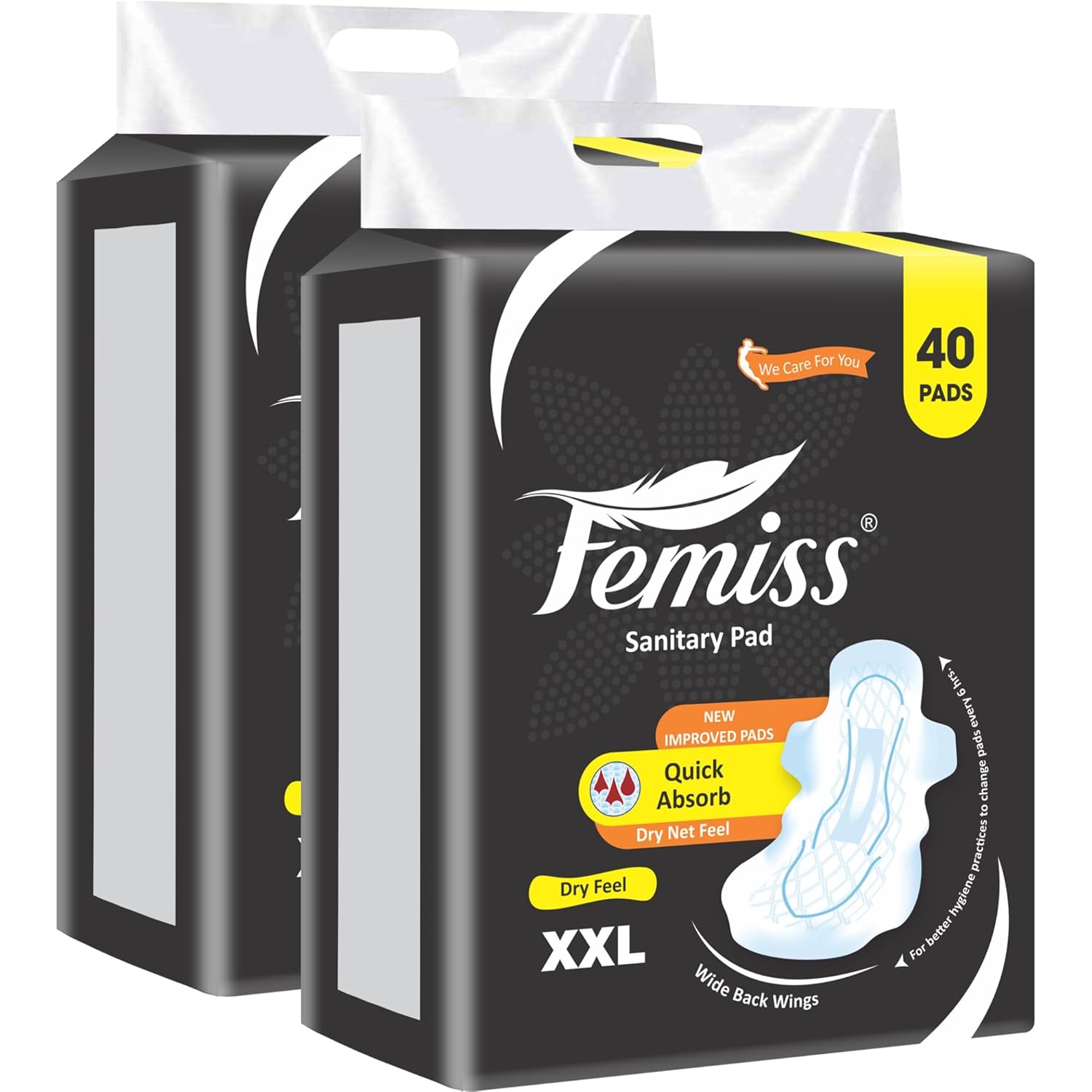 Femiss Soft & Rash Free Sanitary Pads for Women and Girls|Quick Absorption|Heavy Flow Champion|Leakage-Proof|Skin Friendly Trifold pads(XXL-Size, 290 MM, 80 PCS, 40 Pads Each Pack, Pack of 2)