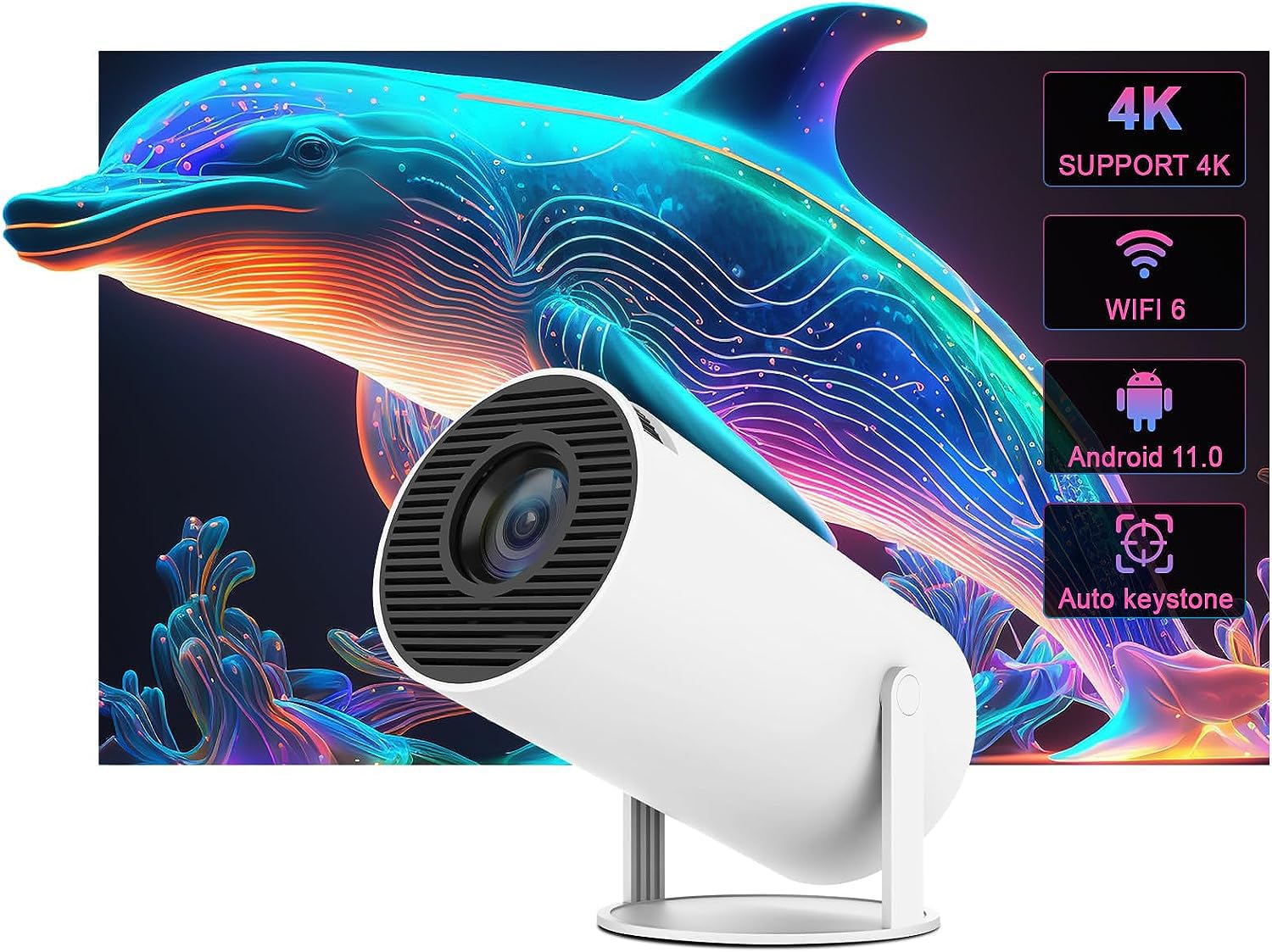 AUN Free Style Pro Smart Projector by AUN, 270° Rotatable Projector for Home 4K & 1080p Support, 8400L, Android 11 YouTube Builtin Apps 5G WiFi Auto Keystone 720p Native, 3W Speaker 176″ Screen