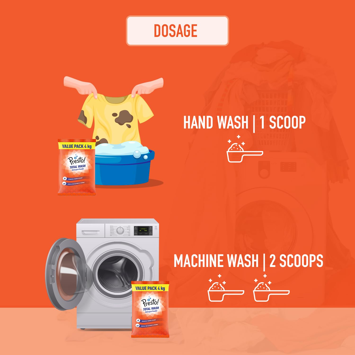 Amazon Brand – Presto! Total Wash Detergent Powder | 8 kg | 4 Kg X 2 Packs | Tough on Stains | Safe and Gentle on Fabrics | Refreshing Fragrance | Machine and Hand Wash | Bleach-Free Washing Powder