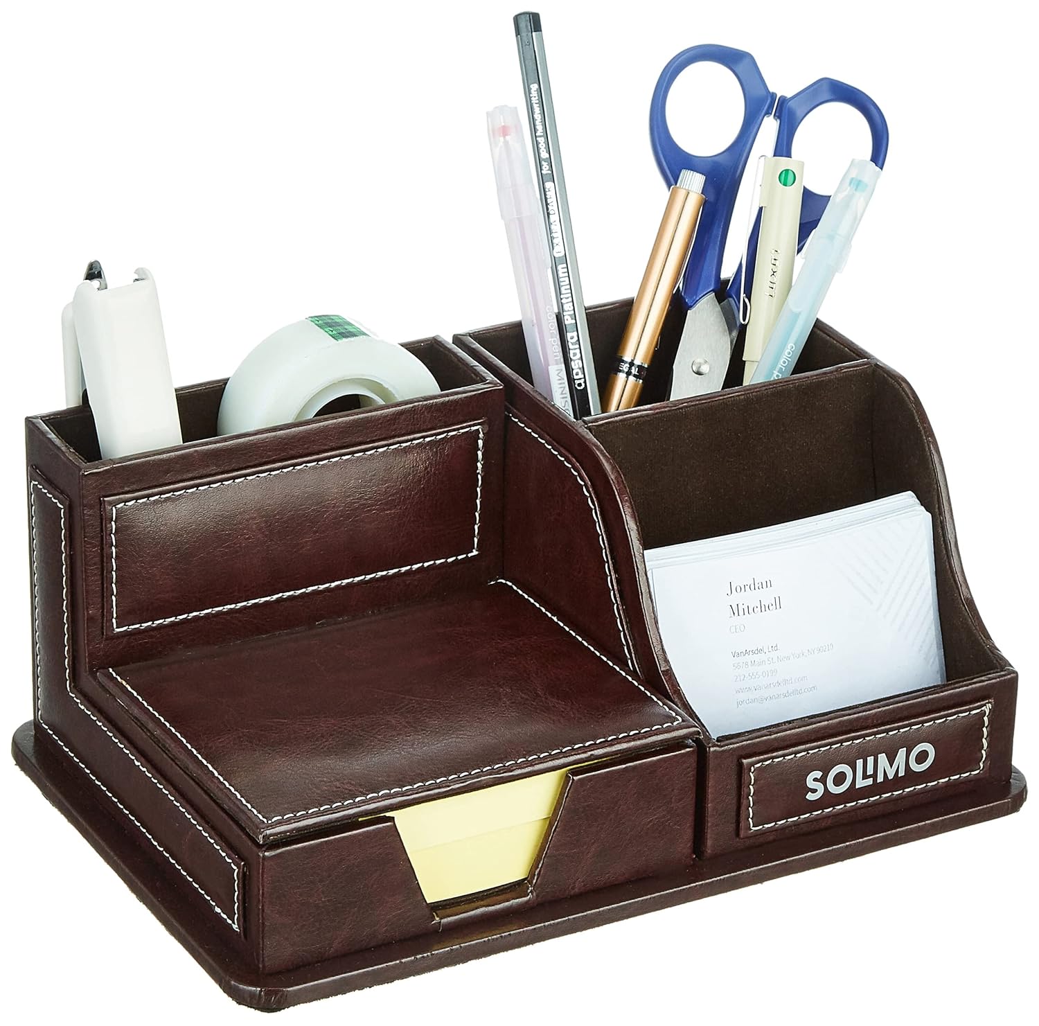 Amazon Brand – Solimo All-in-One Faux Leather Office, Work, Home Storage Organiser Pen, Pencil, Mobile Accessories Holder – Stationery, Brown