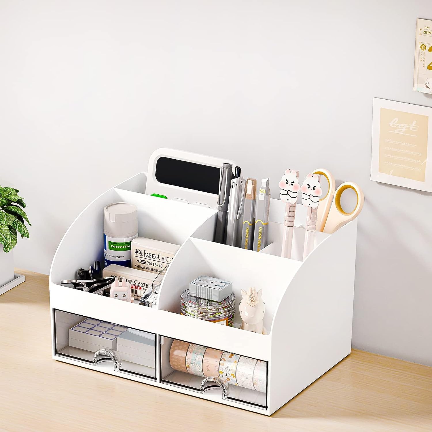 Amazon Brand – Umi Multifunctional Desk Organiser with 6 Compartments & 2 Drawer Desktop Office Supplies Stationery Storage Box for Pens Staplers Clips Sticky Notes Mobile Holder – White