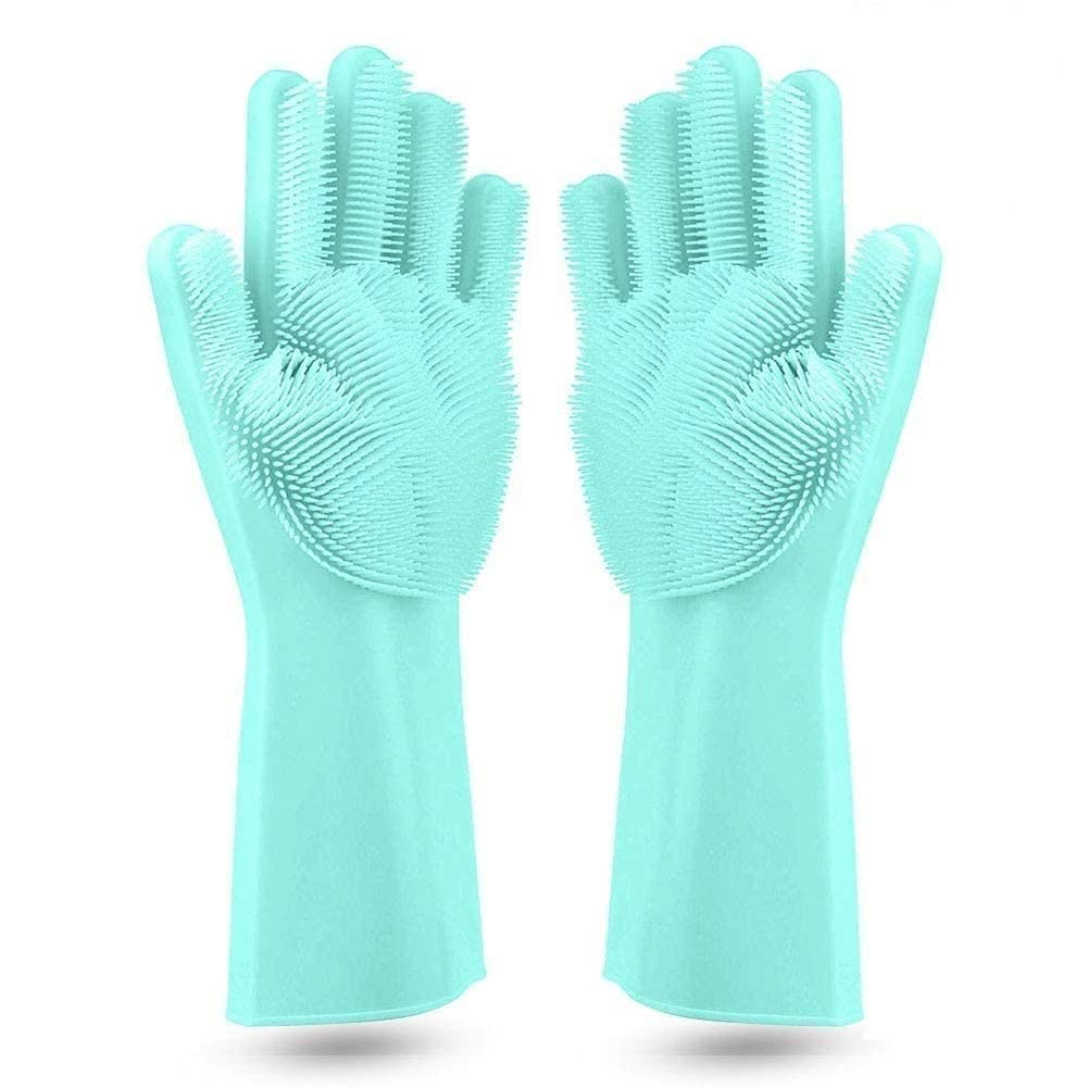 CLAPONE Dish Washing Gloves, Silicon Cleaning Gloves, Silicon Hand Gloves for Kitchen Dishwashing and Pet Grooming, Great for Washing Dish, Car, Bathroom (Green, 1 Pair)