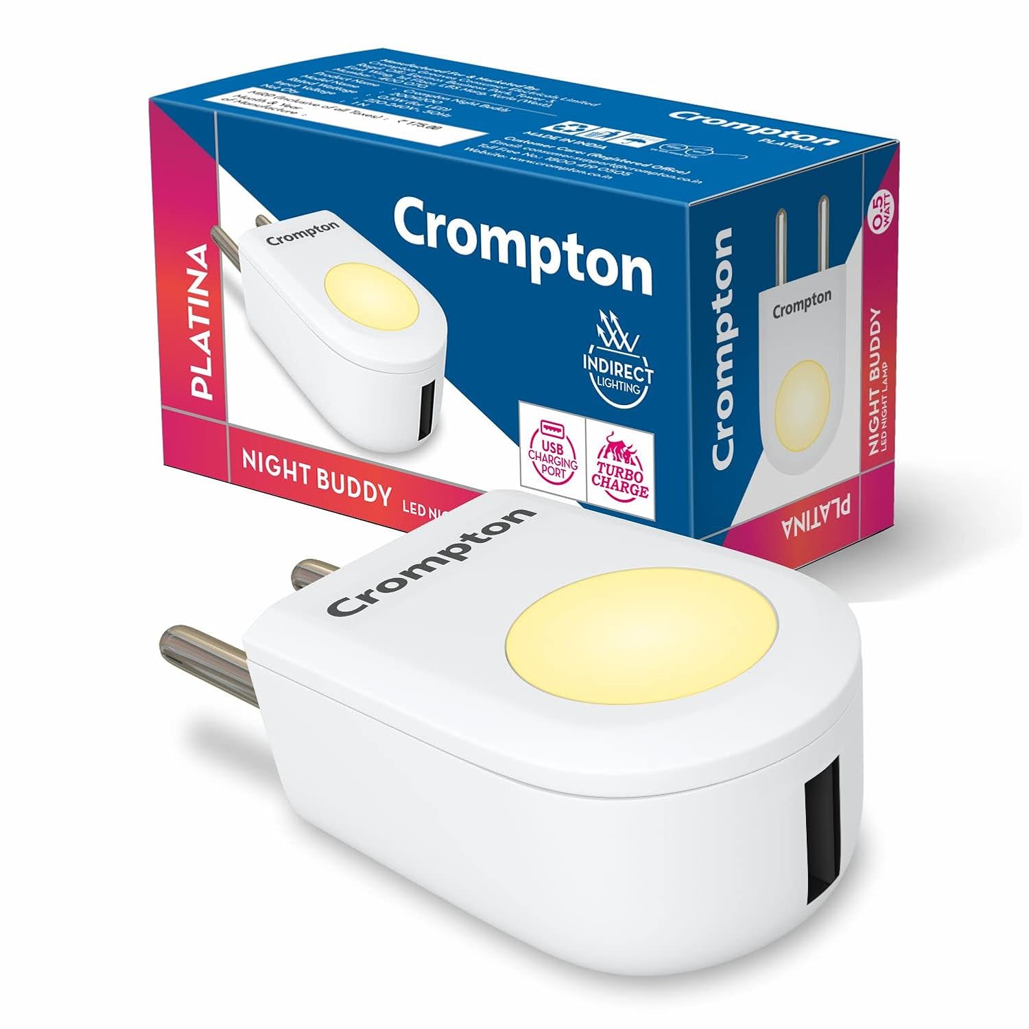 Crompton Night Buddy USB Charger + Lamp| 0.5 W |Turbo Charge | Indirect Lighting | USB Charging Point | 2 Pin Plug | Less Power Consuption | Pack of 1