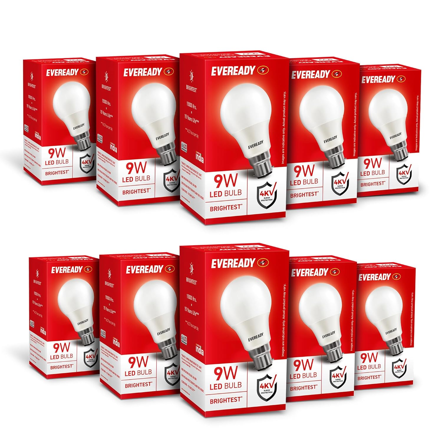 Eveready 9W LED Light Bulb | Cool Day Light (6500K) | Pack of 10 | Energy Efficient| 4kv Surge Protection |100 Lumens per watt b22d