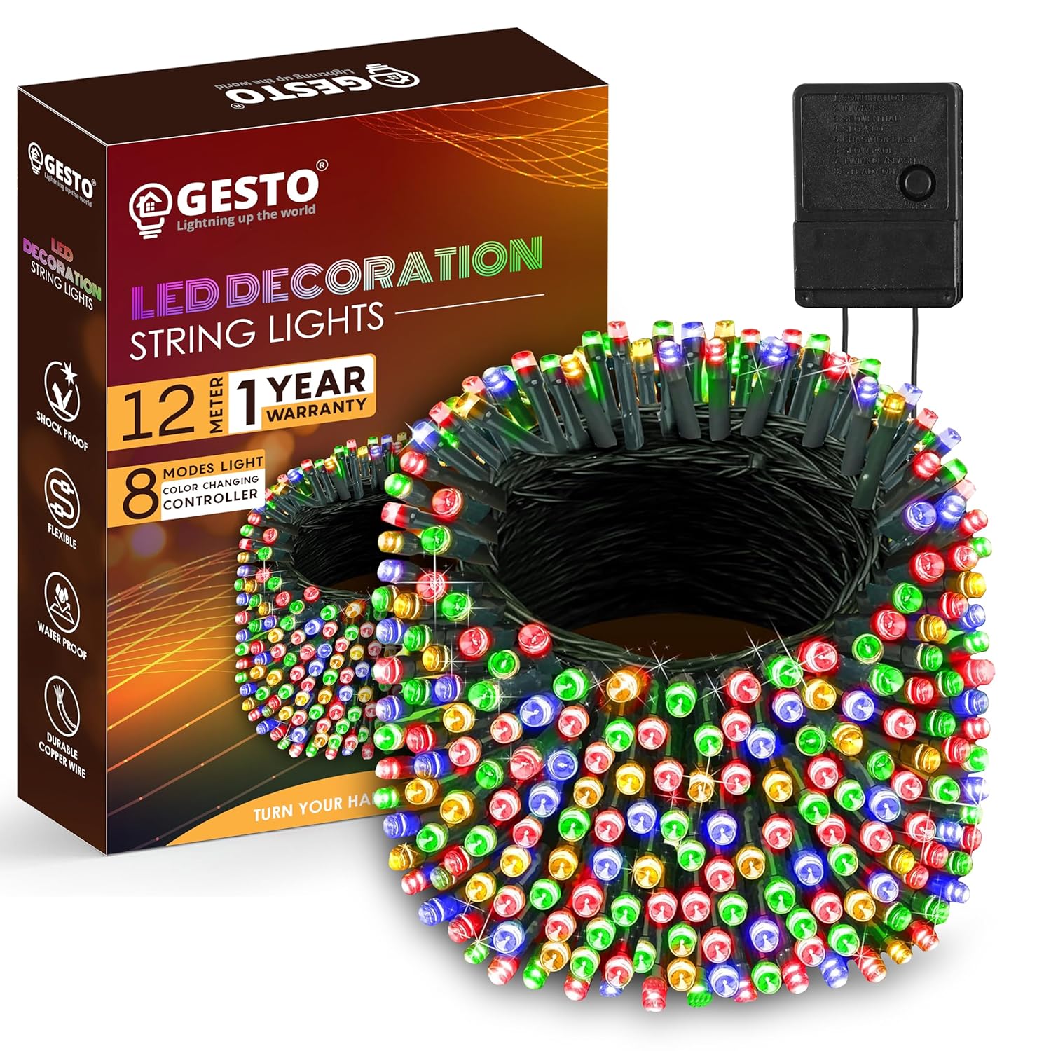 Gesto Multicolor Serial String Led Light with 8 Modes Changing Controller – Waterproof Serial Lights for Decoration Long | for Home,Diwali Decoration, Christmas,Patio Garden(12 Meter | Pack of 1)