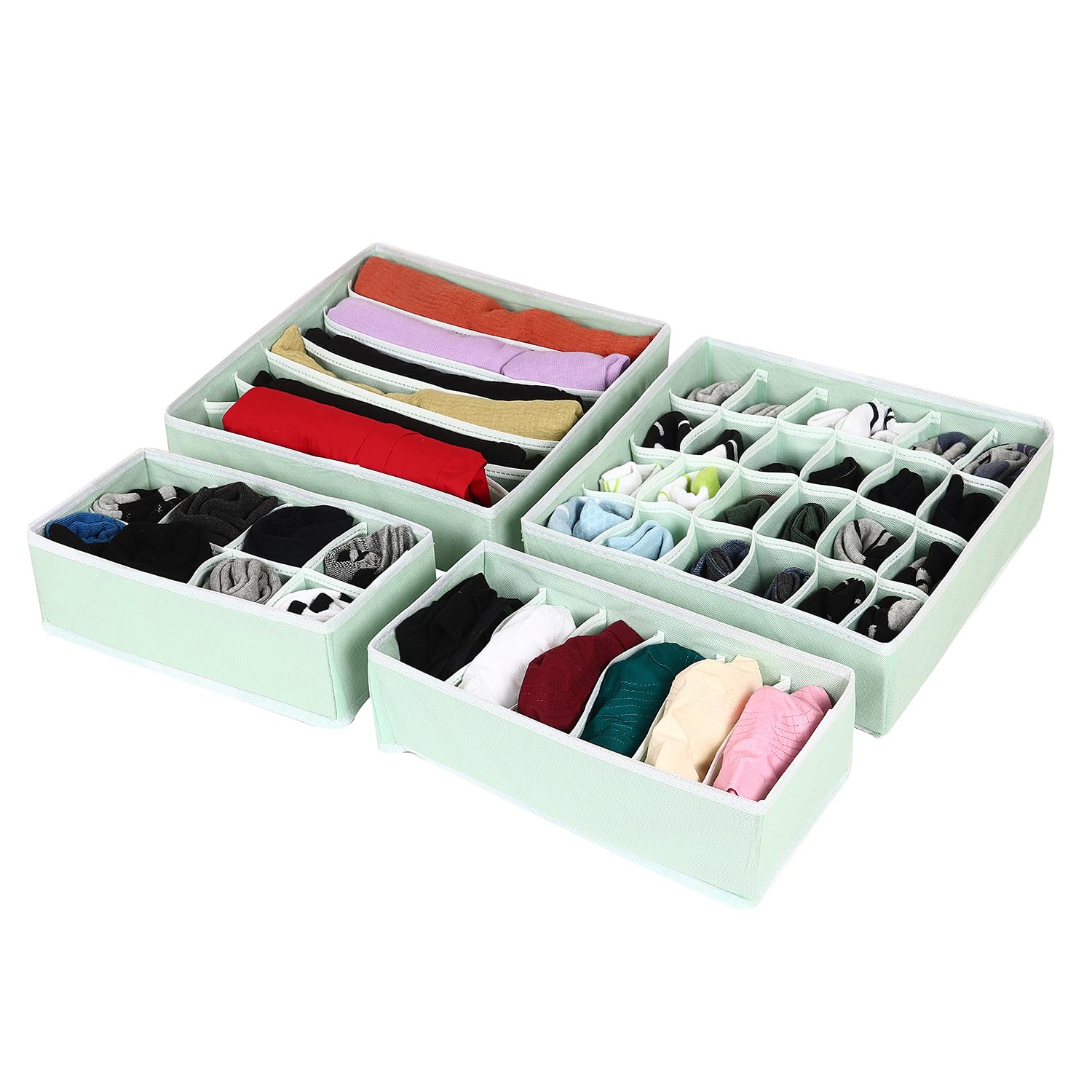 House of Quirk Fabric Set Of 4 Foldable Storage Box Drawer Divider Organizer Closet Storage For Socks Bra Tie Scarfs (Pastel Green), Drawer Organizers