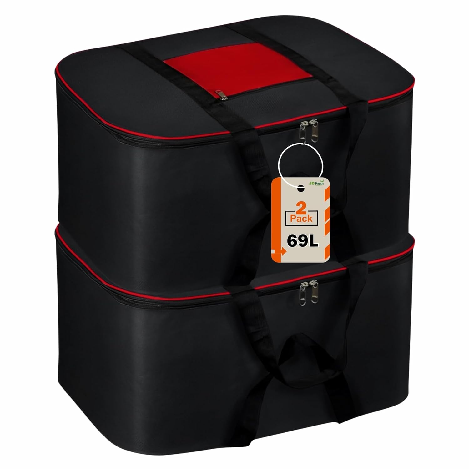 JD FRESH 2 Pieces Nylon Storage Bag/Underbed Packing Bags/Large Storage for Blankets/Bedsheets/Towels/Moisture Proof Cloth Bag/Wardrobe Organizer with Zip Closure & Strap(Red & Black/69 Litre)