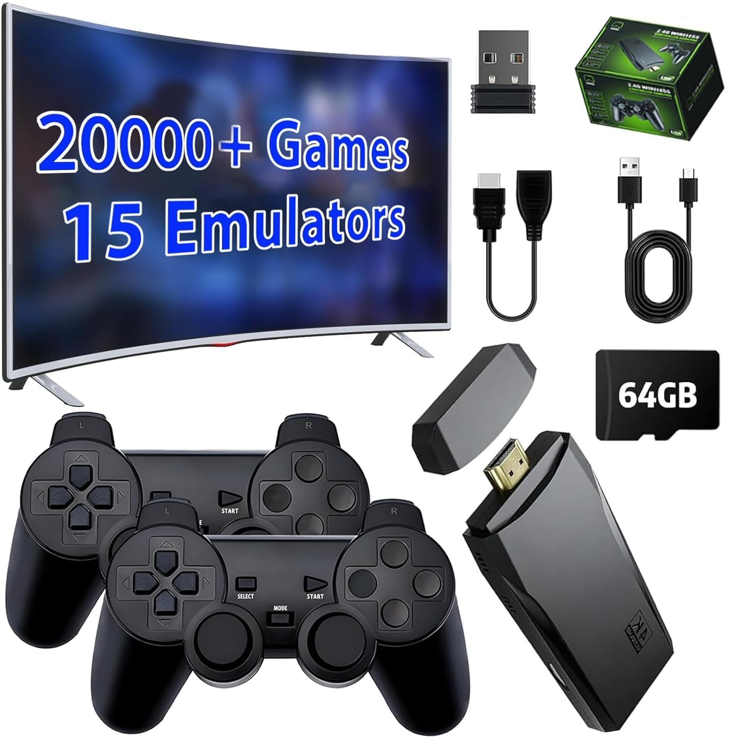 KINGLY 2025 Upgrade Wireless Retro Game Console Stick Retro Video Game Console Stick Built in 20000+ Games with 15 Emulators, 4K HDMI Output with 2 2.4G Wireless Controllers 64GB Memory Card