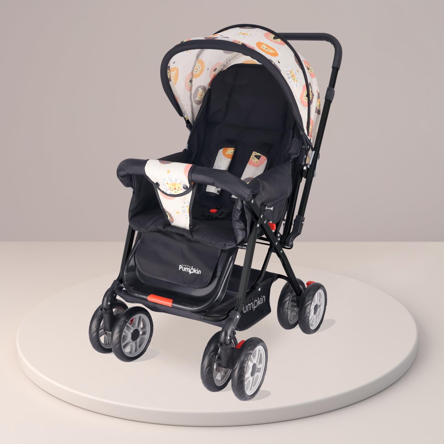 Little Pumpkin by R for Rabbit Kiddie Kingdom Baby Stroller Pram with 3 Position Recline, Adjustable Backrest, 360° Swivel Wheel, Storage Basket, Reversible Handle for Kids 0 to 3 Years (Black Safari)