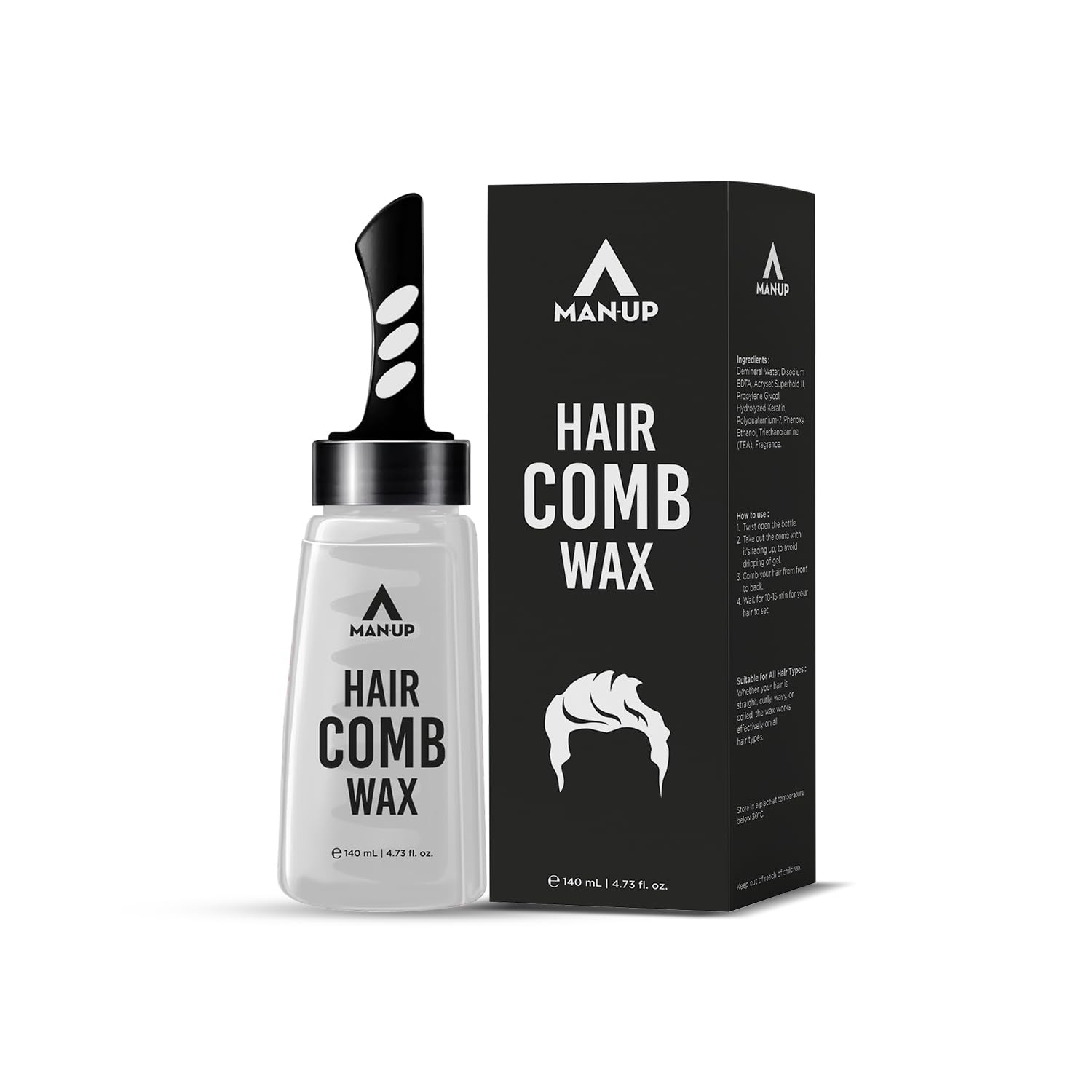 Man-Up Hair Comb Wax | 2-in-1 Men Hair Styling Gel with Comb | Strong Hold Wet look | Long Lasting | Styling Moisturizing – 140ml
