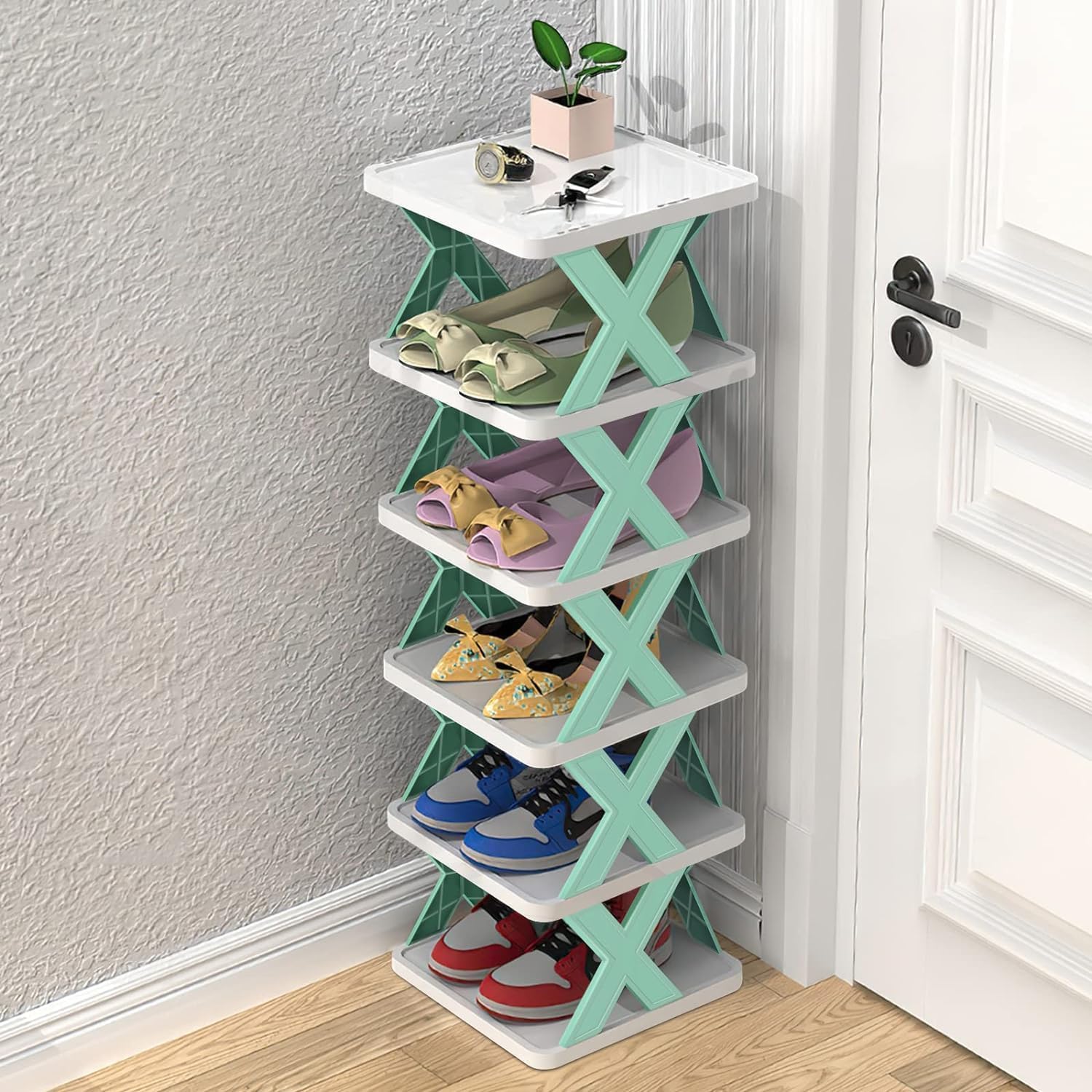QONETIC 6 Layer Shoe Rack For Home Plastic, Adjustable Stand Organizer Stackable Storage Bedroom Entryway Shelf Footwear Collapsible Corner Tower Shoes And Book Slots Rack