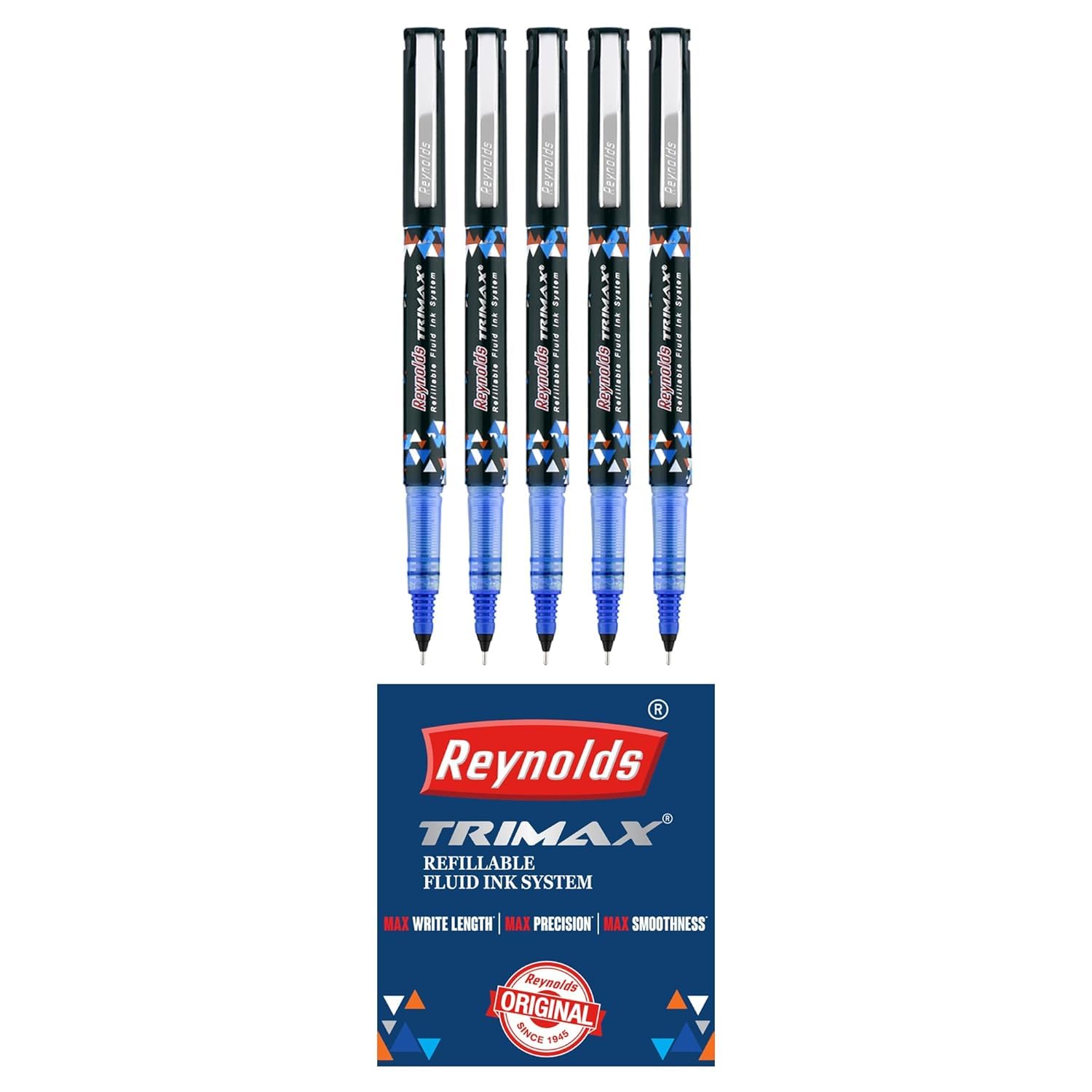 Reynolds TRIMAX RollerBall Pen SET – 5 PENS BLUE | ROLLER BALL PEN FOR WRITING | PEN FOR STUDENTS & OFFICE STATIONERY | 0.5 mm TIP SIZE