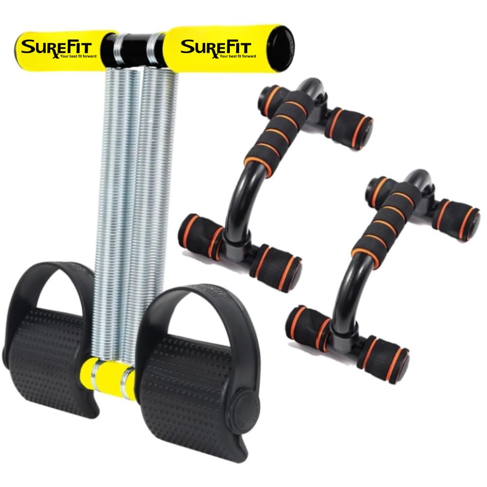SUREFIT Tummy trimmer Double Spring With Comfertable Foam Grip Handle and Push Up Exerciser equpment Combo Pack | Full Body Home Workout Equipment for Abs, Core, and Strength Training | Dual Resistance Tummy Trimmer & Push-Up Bar for Men & Women | Fitness Tool Kit