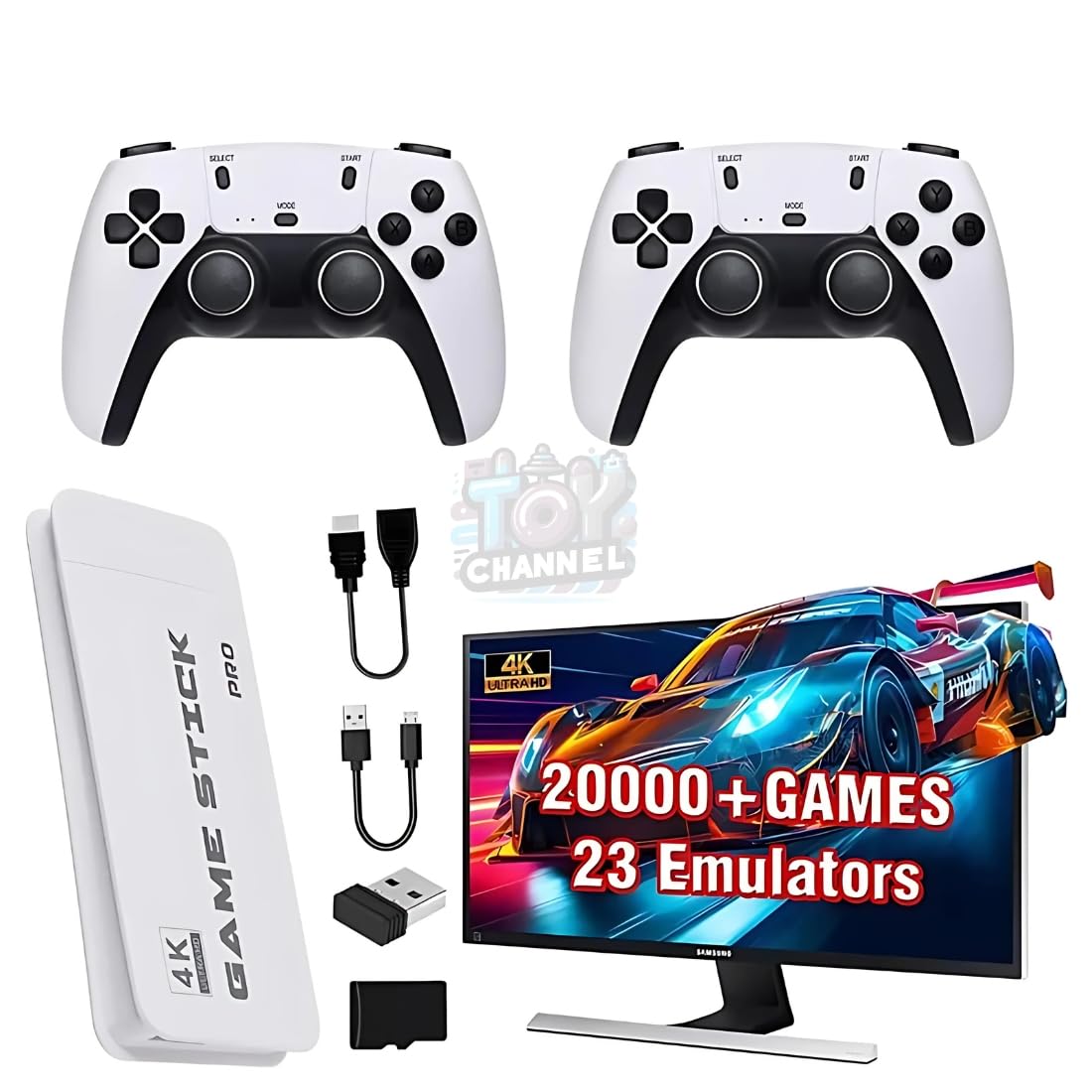 TOYCHANNEL 4K Ultra HD Retro Game Stick, Video Game for TV with 20,000+ Games, 23 Emulators, Dual Wireless Controllers, Plug & Play Game Stick for TV, Game Console, Classic Arcade & Retro Game Stick