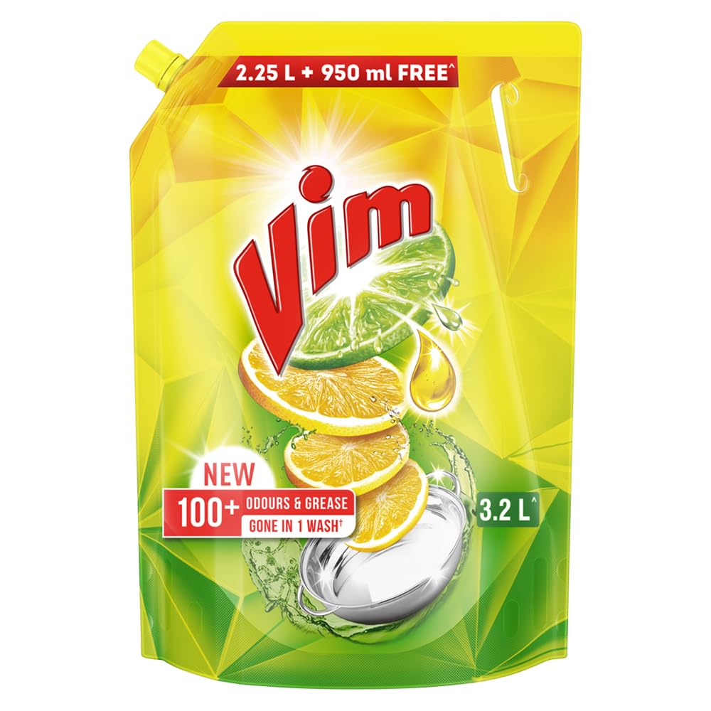 Vim Dishwash Liquid 3.2L | Removes 100+ Odours & Grease in 1 wash | Infused with power of lemons that leaves no residue