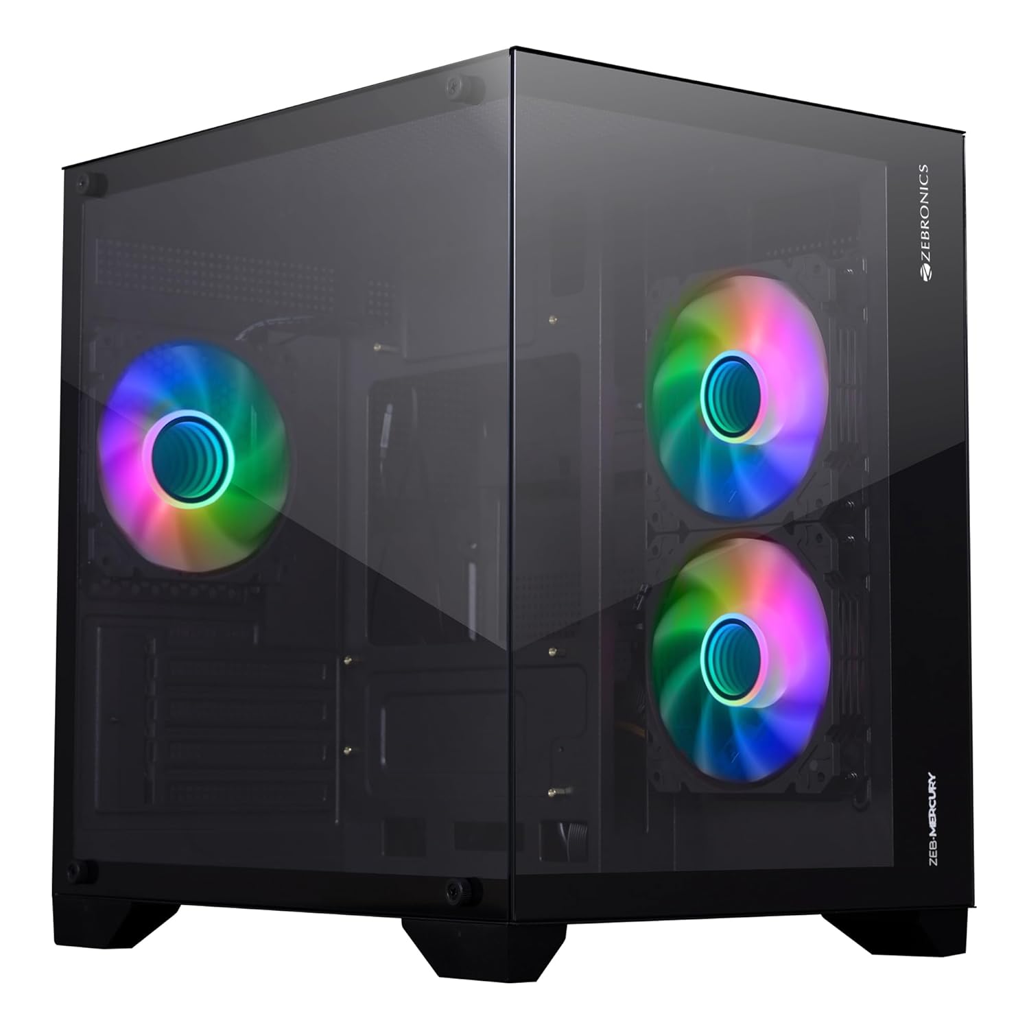 ZEBRONICS MERCURY Premium Gaming Chassis with support for mATX | Mini ITX | 240mm AIO, Dual Chamber Design, Infinity Ring ARGB Fan, Wraparound Tempered Glass (Black)