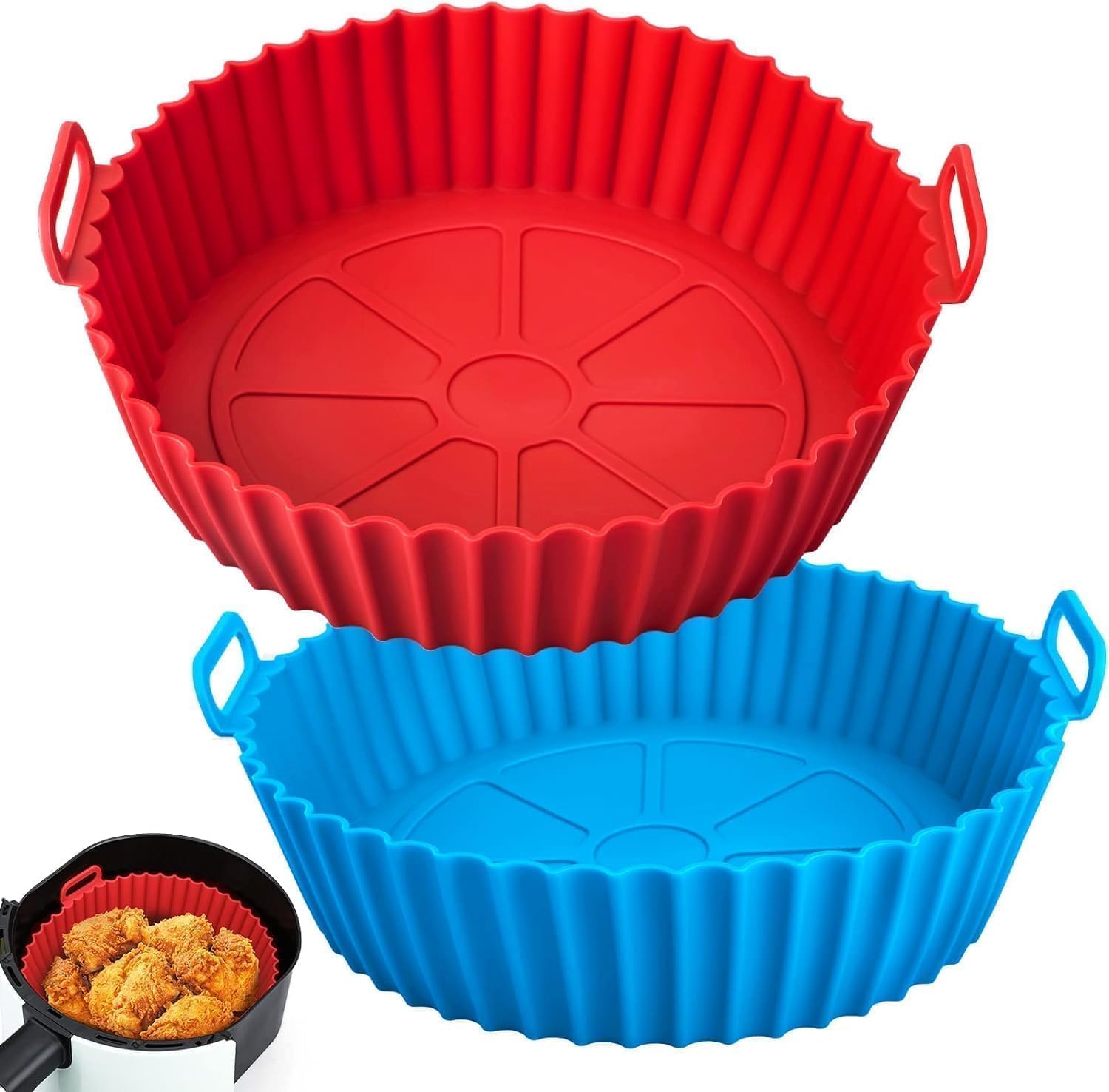 ARLICORPING Air Fryer Liners Pot 2 Pcs I Round Silicone Basket Baking Tray I Pot With Ear Handles I Nonstick Reusable Heat Resistant I Cooking Oven Insert Accessories – Multicolor (8 Inch), Medium