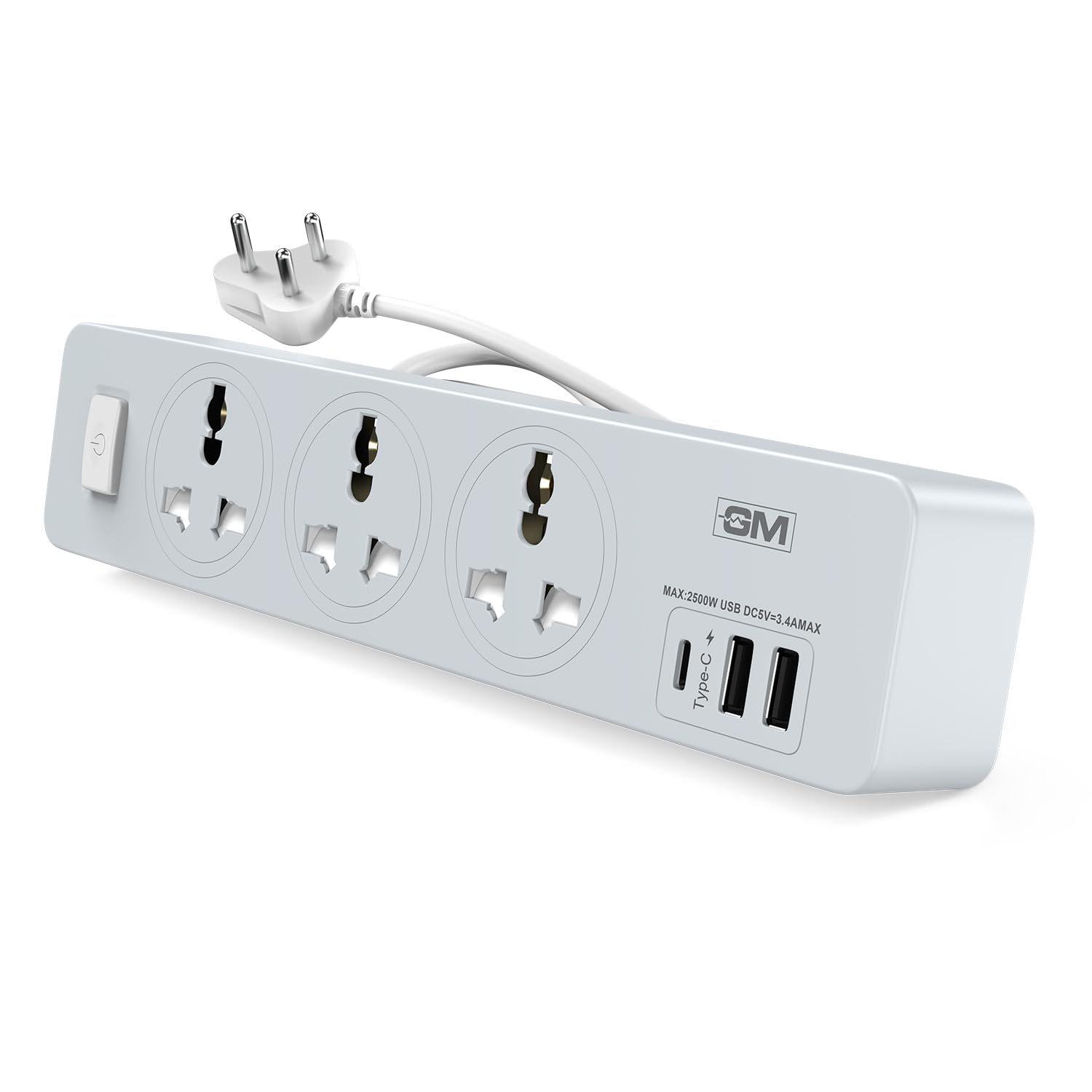 GM Cuba 3341 Power Strip with USB Type–C & 3 International Sockets | Extension Cord with Surge Protection | Fireproof Body Upto 750 Degree | 3.4A Power Output & 1.8mtr Cord Spike Guard