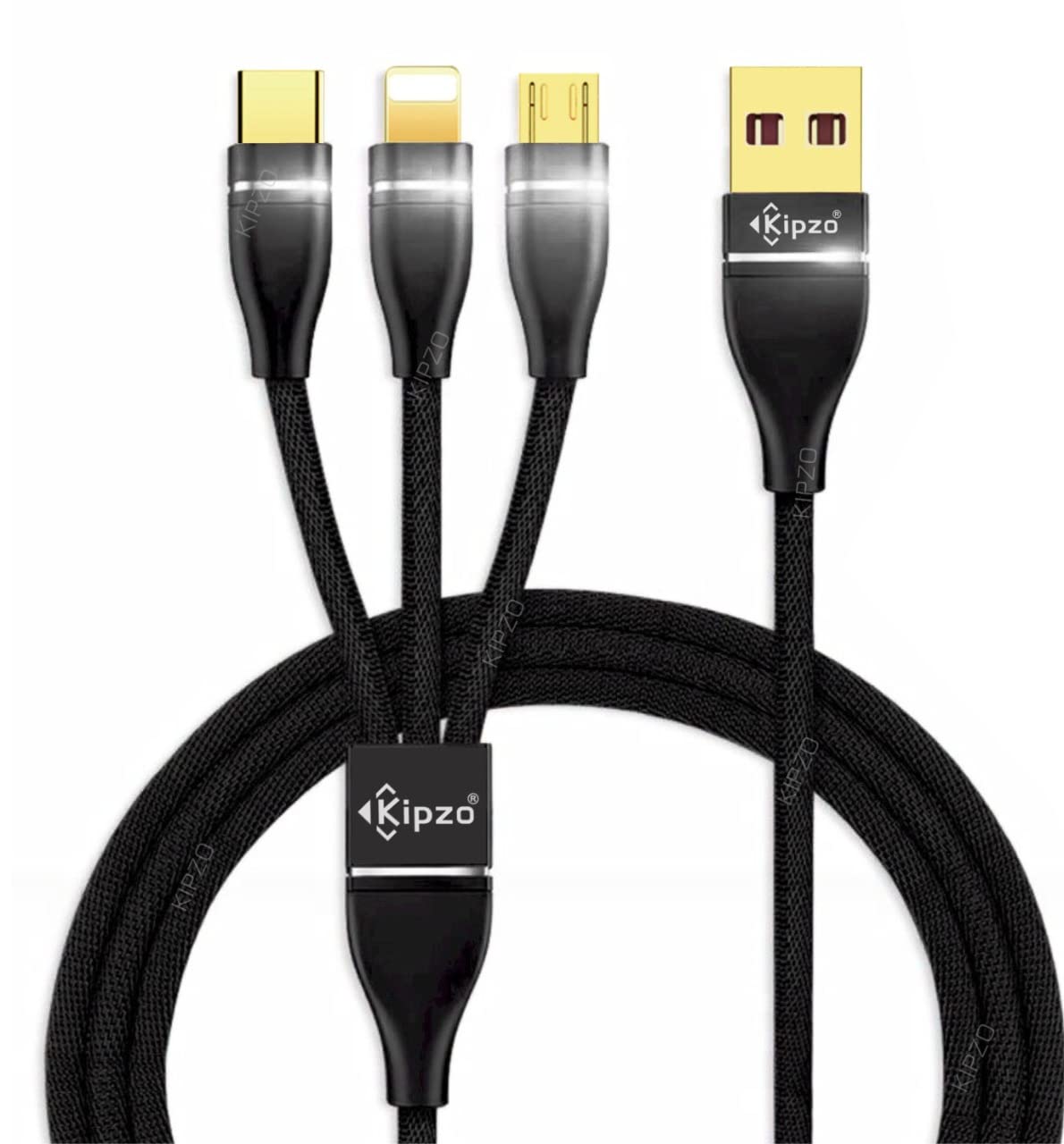 KIPZO® Black Strong USB A 3.0 A max multi charging cable 3 in 1 charging cable Nylon braided all in one charger cable multiple ports for car Type c, Micro USB & i-ph (Not for DATA transfer)