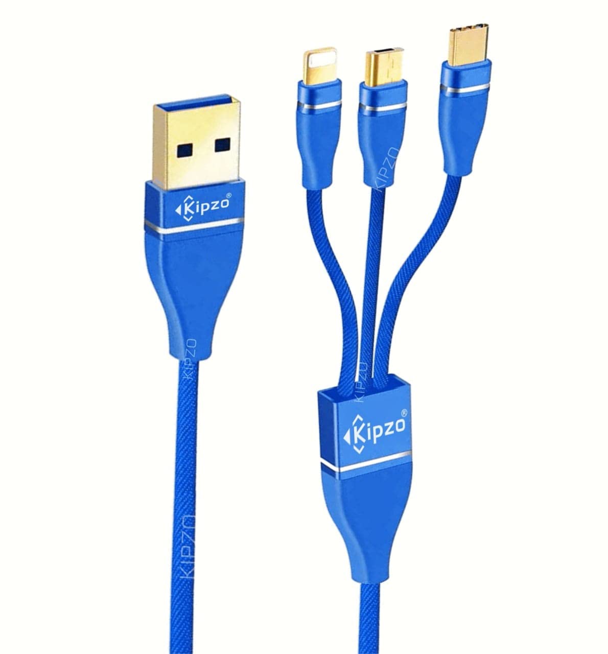 KIPZO® Blue Durable USB A 3.0 A max multi charging cable 3 in 1 charging cable Nylon braided all in one charger cable multiple ports for car Type c, Micro USB & i-ph (Not for DATA transfer)