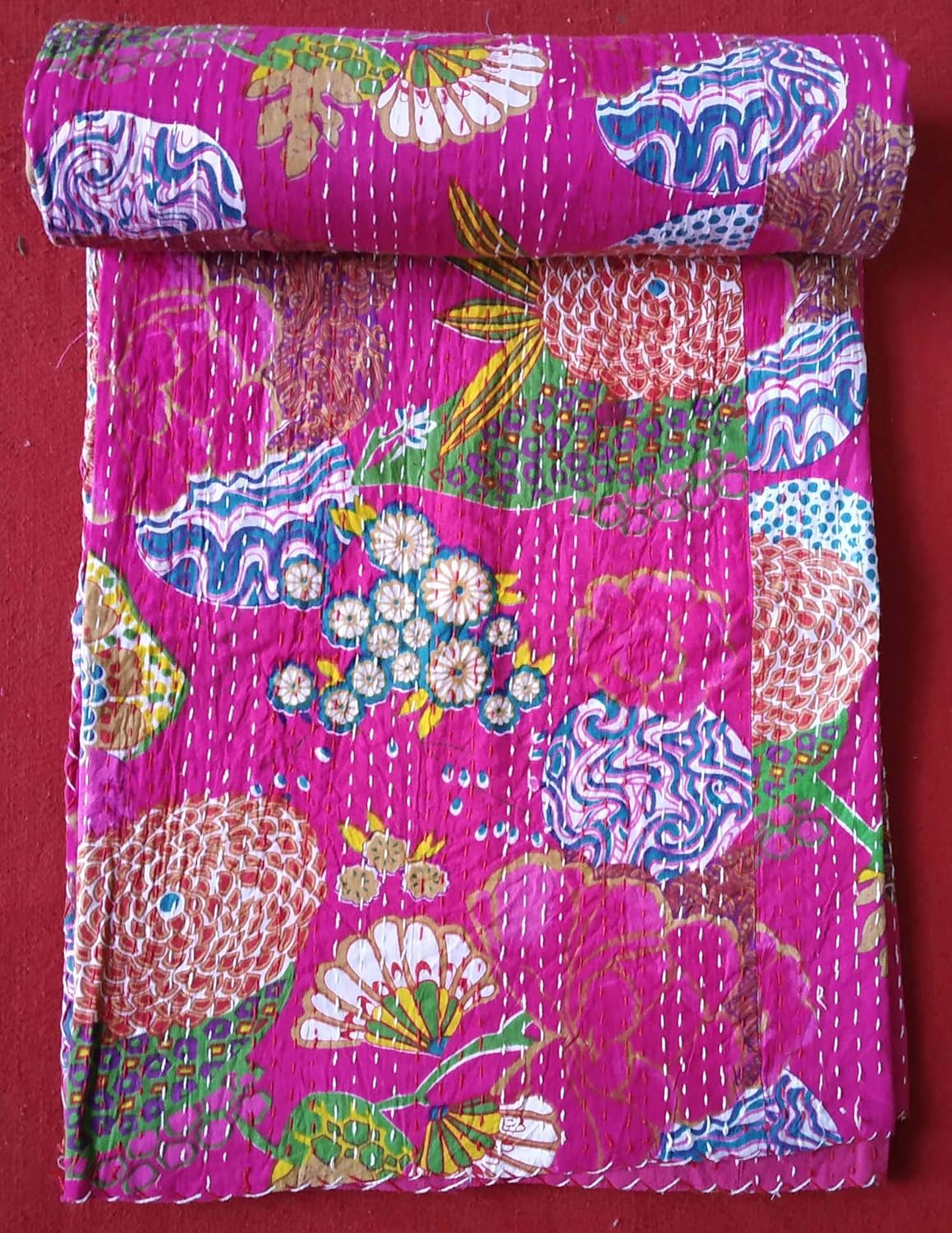 BOHEKANT Handicraft Cotton Jaipuri Handmade Kantha Bed Cover – Multicolor 02 (60 X 90 Inch, Twin Size)
