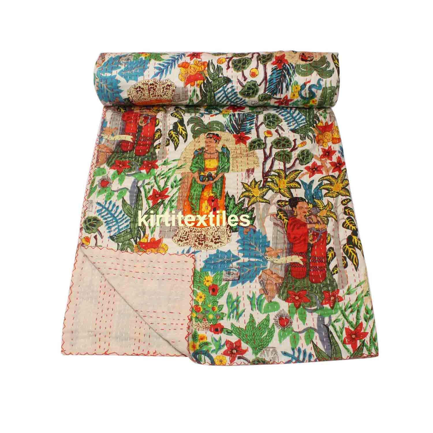 BOHEKANT Handicraft Hand Made Cotton Patch Work Indian Kantha Quilt Bed Spread Blanket Queen Size Coverlet – Multicolor 07 (Size 90 X 108)