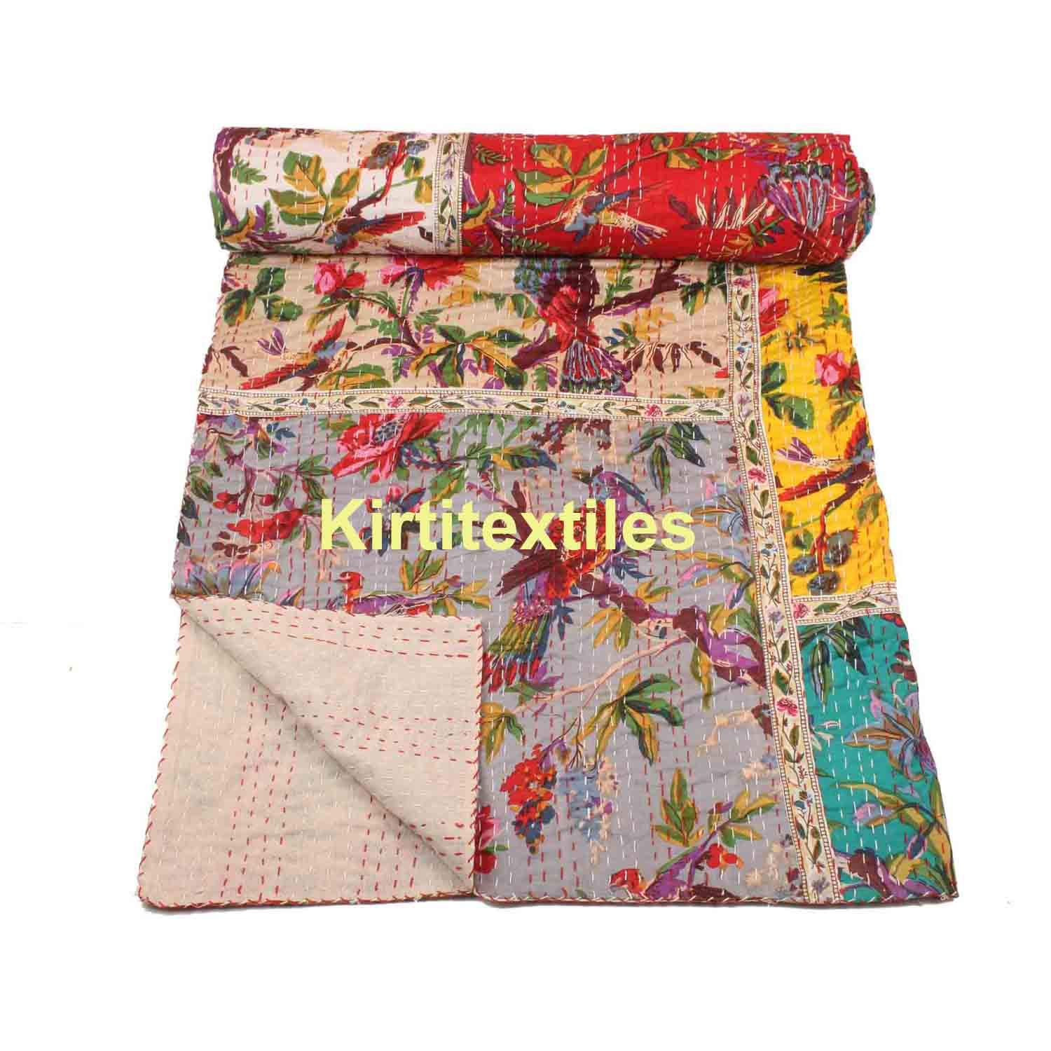 BOHEKANT Handicraft Hand Made Cotton Patch Work Indian Kantha Quilt Bed Spread Blanket Queen Size Coverlet – Multicolor 63 (Size 90 X 108)