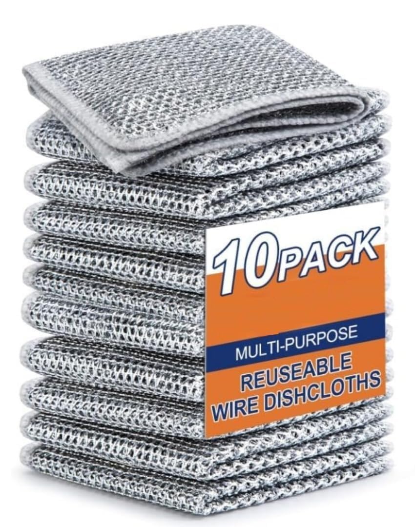 ANTIL’S Multipurpose Wire Dishwashing Rags for Wet and Dry Stainless Steel Scrubber Non-Scratch Wire Dishcloth for Washing Dishes Sinks Counters Easy Rinsing Machine Washable Pack 10