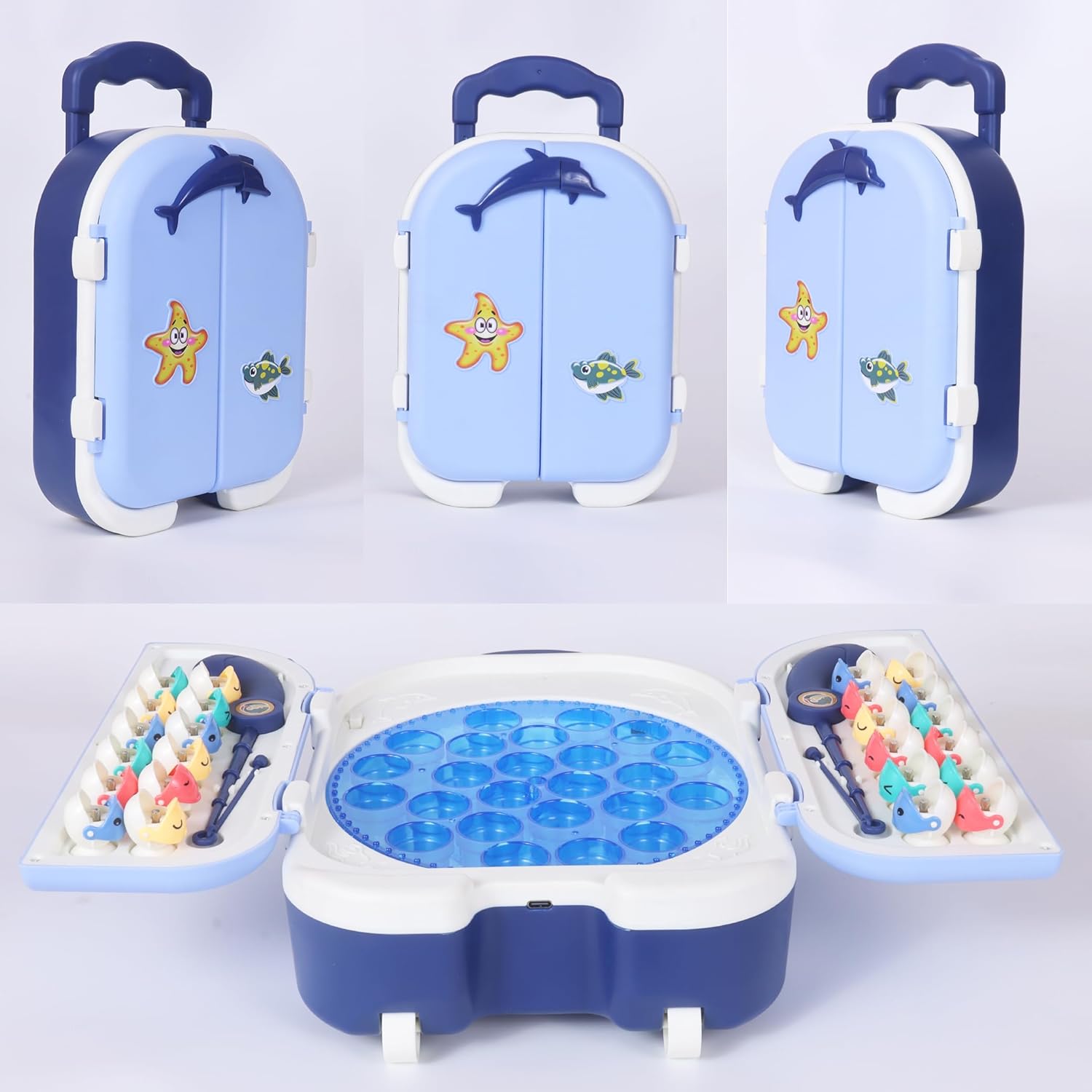 Amazon Brand – Jam & Honey Magnetic Fishing Game for Kids 2 Player Toy with 24 Magnetic Fishes, Lights & Music, Rechargeable with Type-C Charging, Trolley Design,Board Game