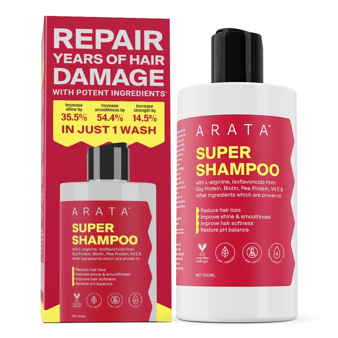 Arata Super Shampoo (300ml) with Argan Oil, Biotin & Soy Protein| Prevents Hair Loss | Boosts Hair Thickness | Reduces Breakage | Fights Microbial Infections | Adds Shine | Shampoo For Women & Men