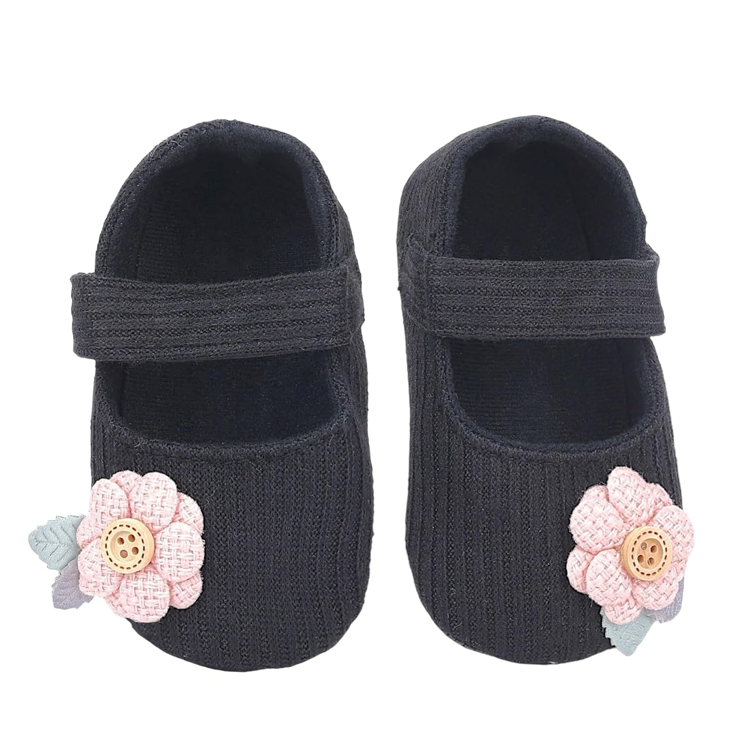 BabyMoo Booties for Baby Girls-Infants-Toddlers 3D Flower Button Velcro Strap Antiskid Ballerina Booties Black- Age 6-9 Months